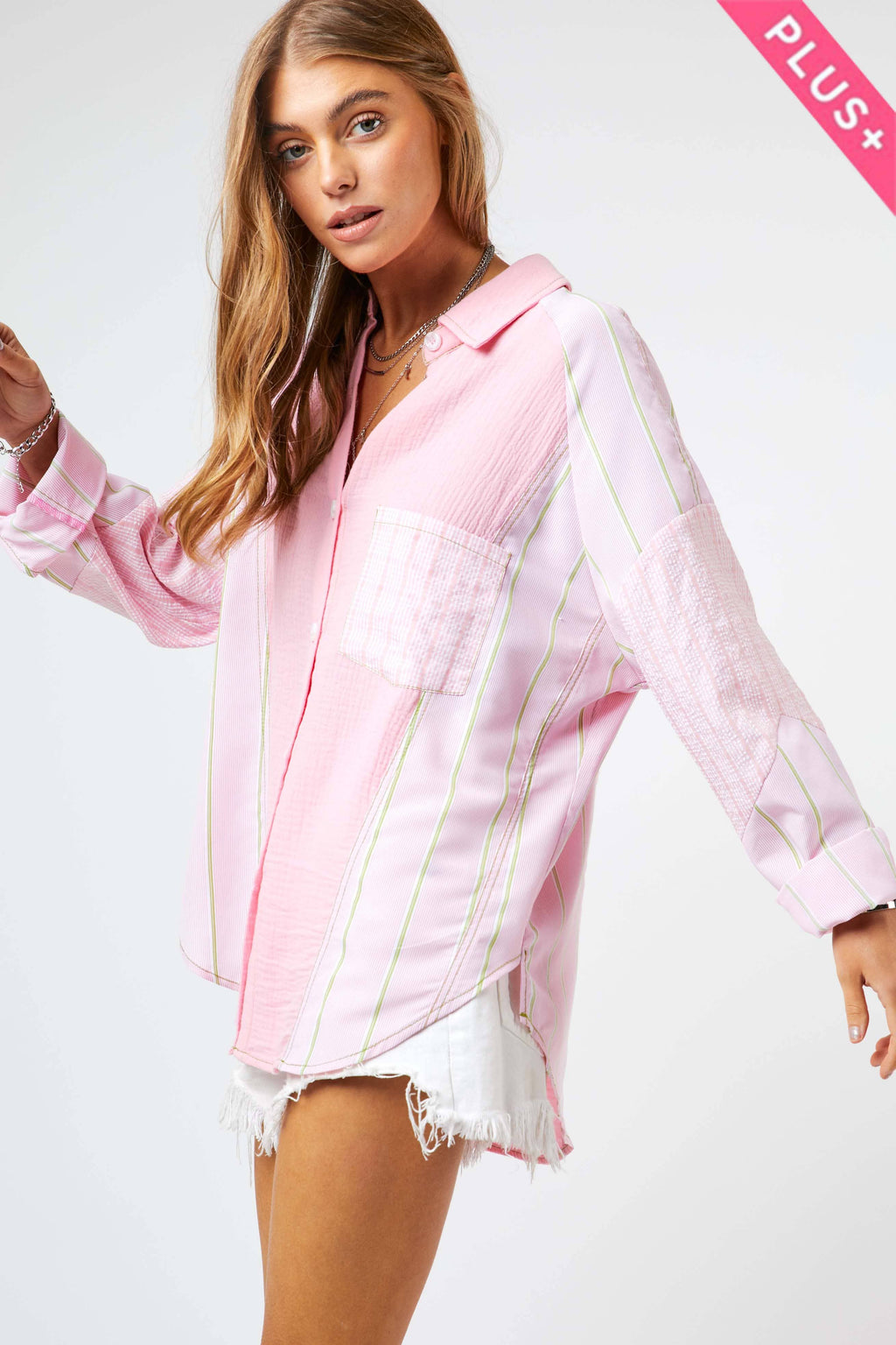 PLAID STRIPE MIXED MATCH BUTTON FRONT SHIRT