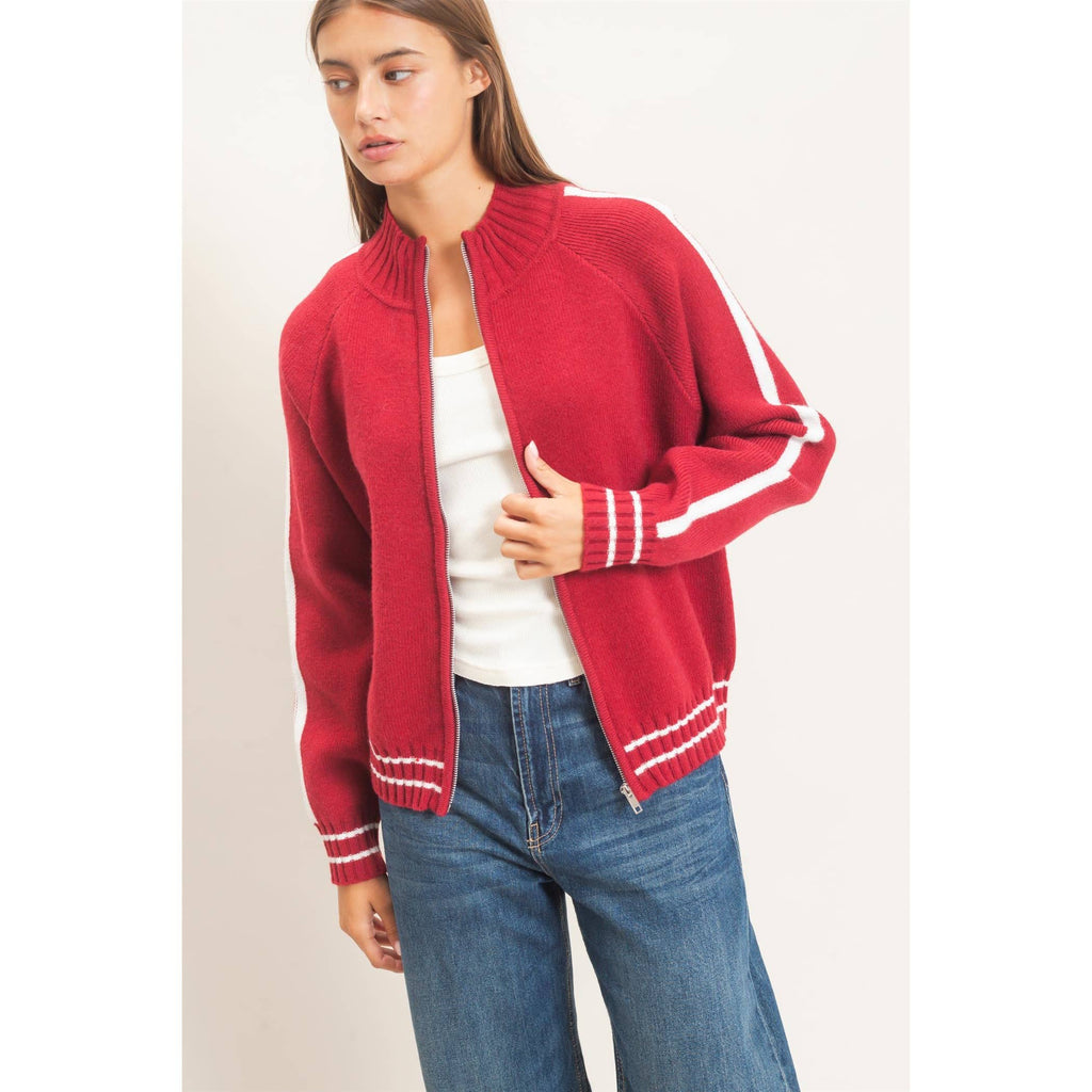 Contrast Stripe Zip-Up Sweater