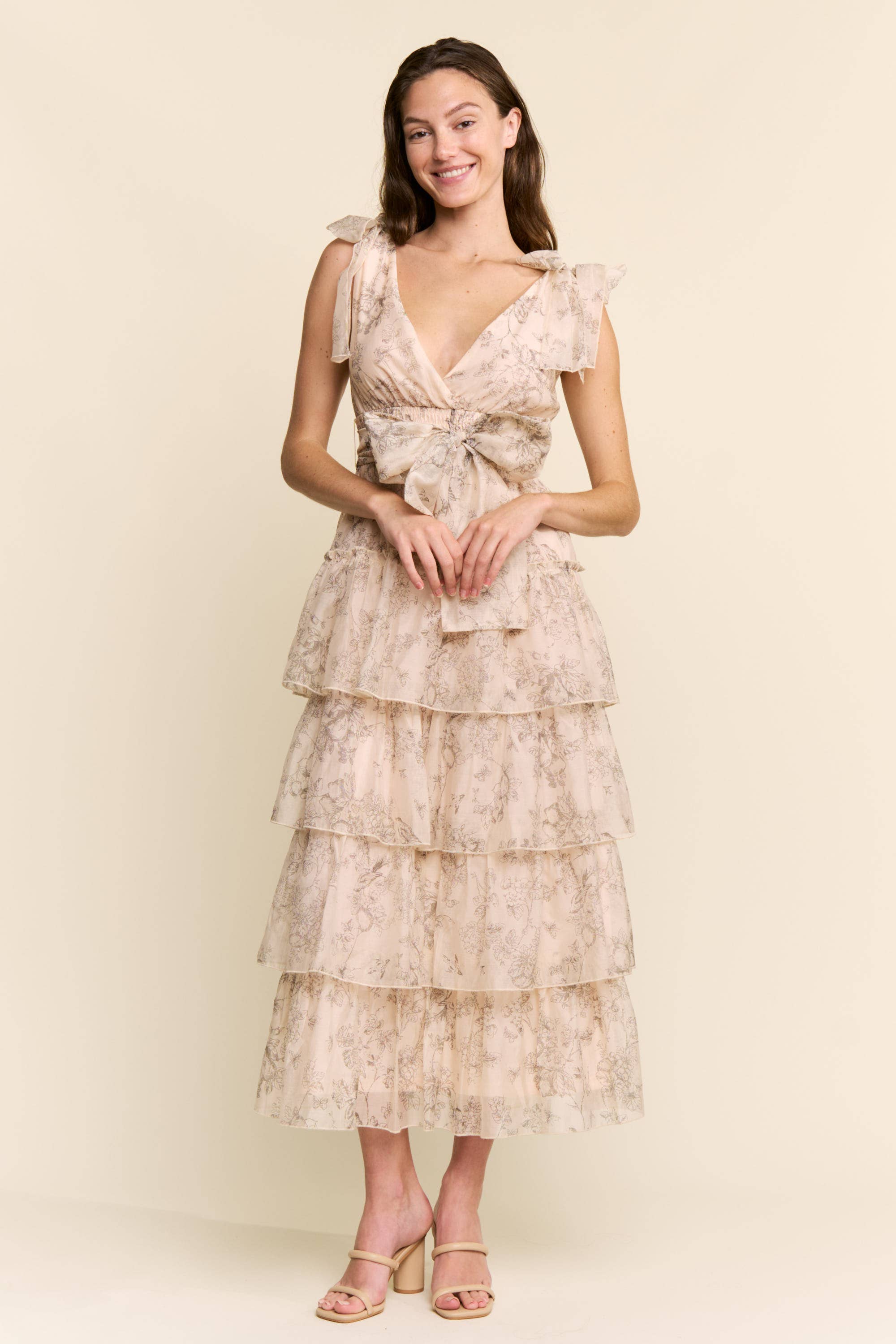 Peachy Floral Tiered Midi Dress