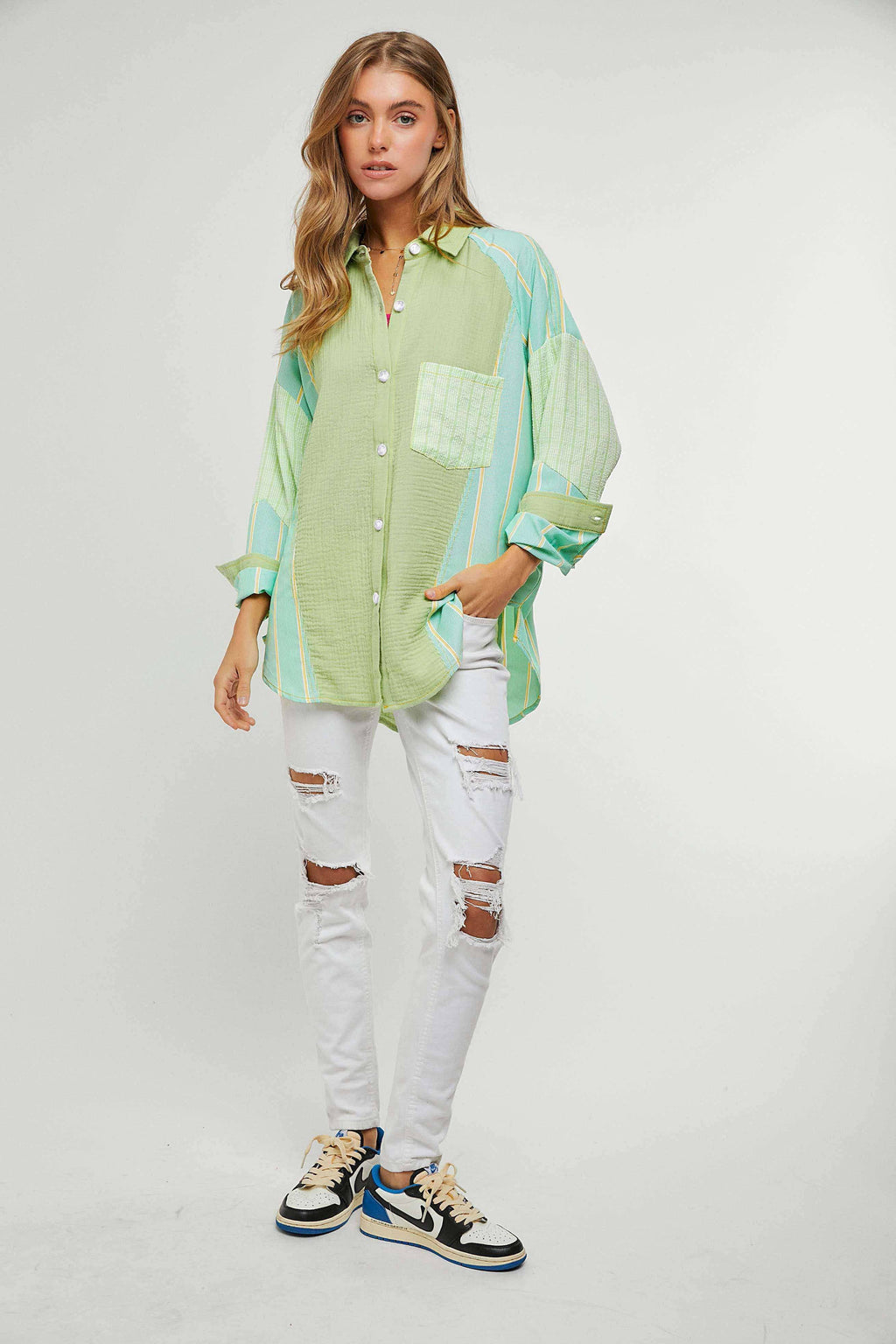 PLAID STRIPE MIXED MATCH BUTTON FRONT SHIRT