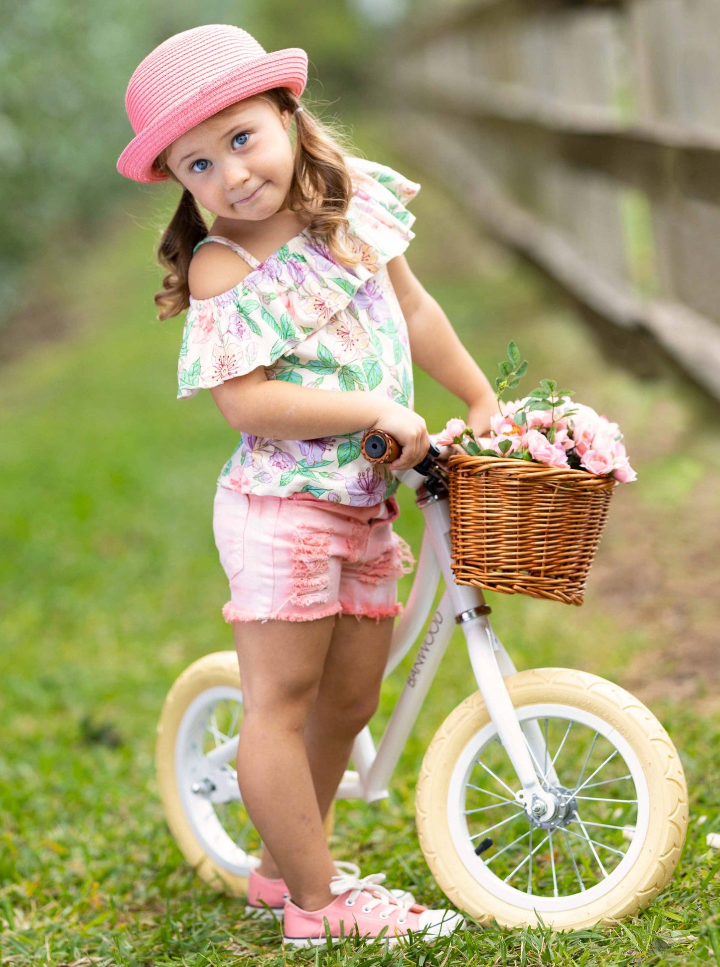 Floral Print Top w/ Ombre Denim Short Set