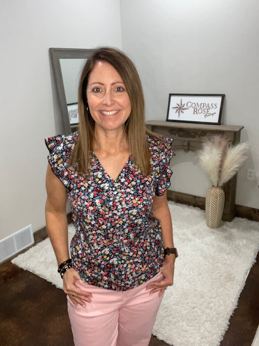 Floral V Neck Ruffle Sleeve Top