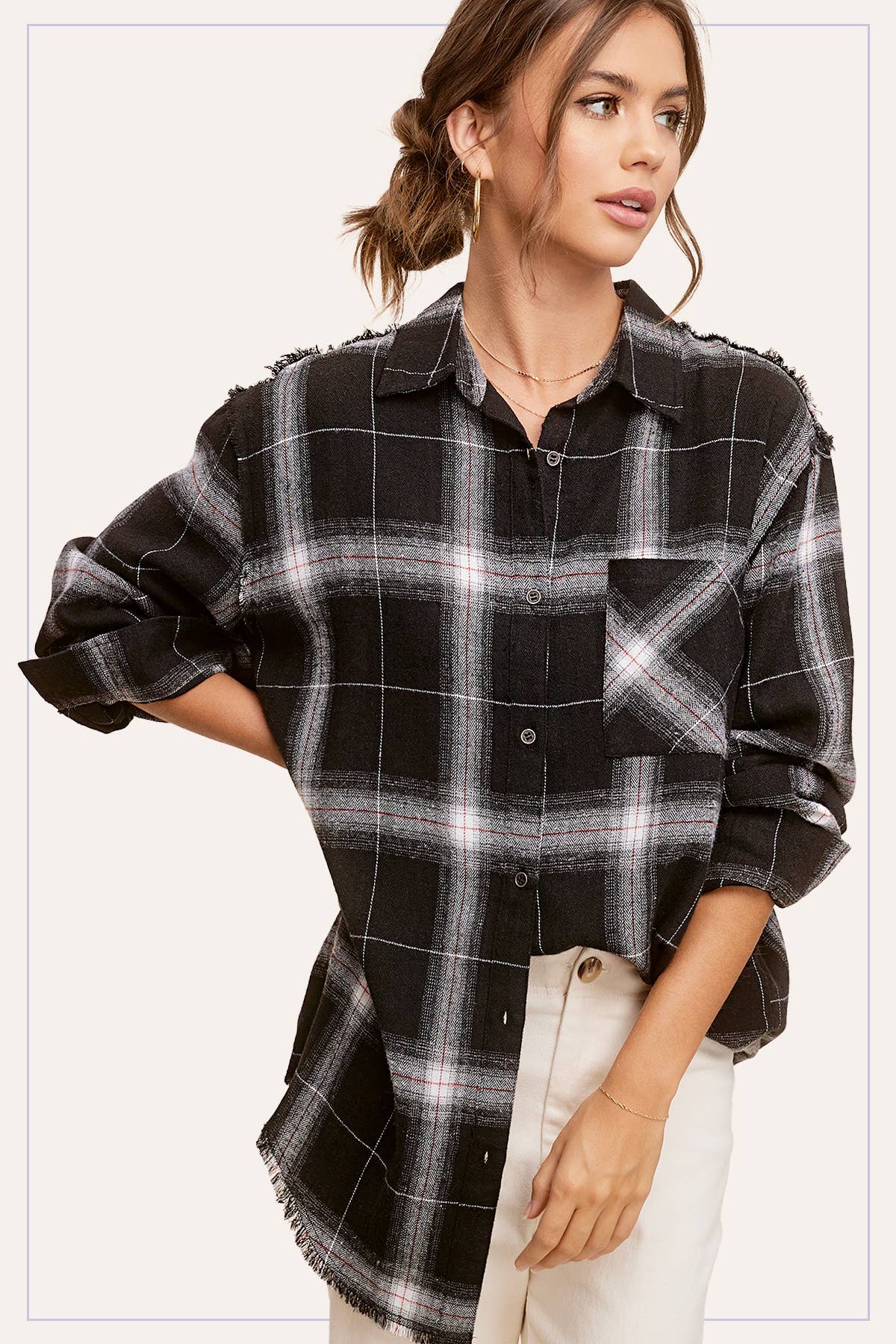 Loose Fit Button Down Cut Edge Detailed Plaid Shirts
