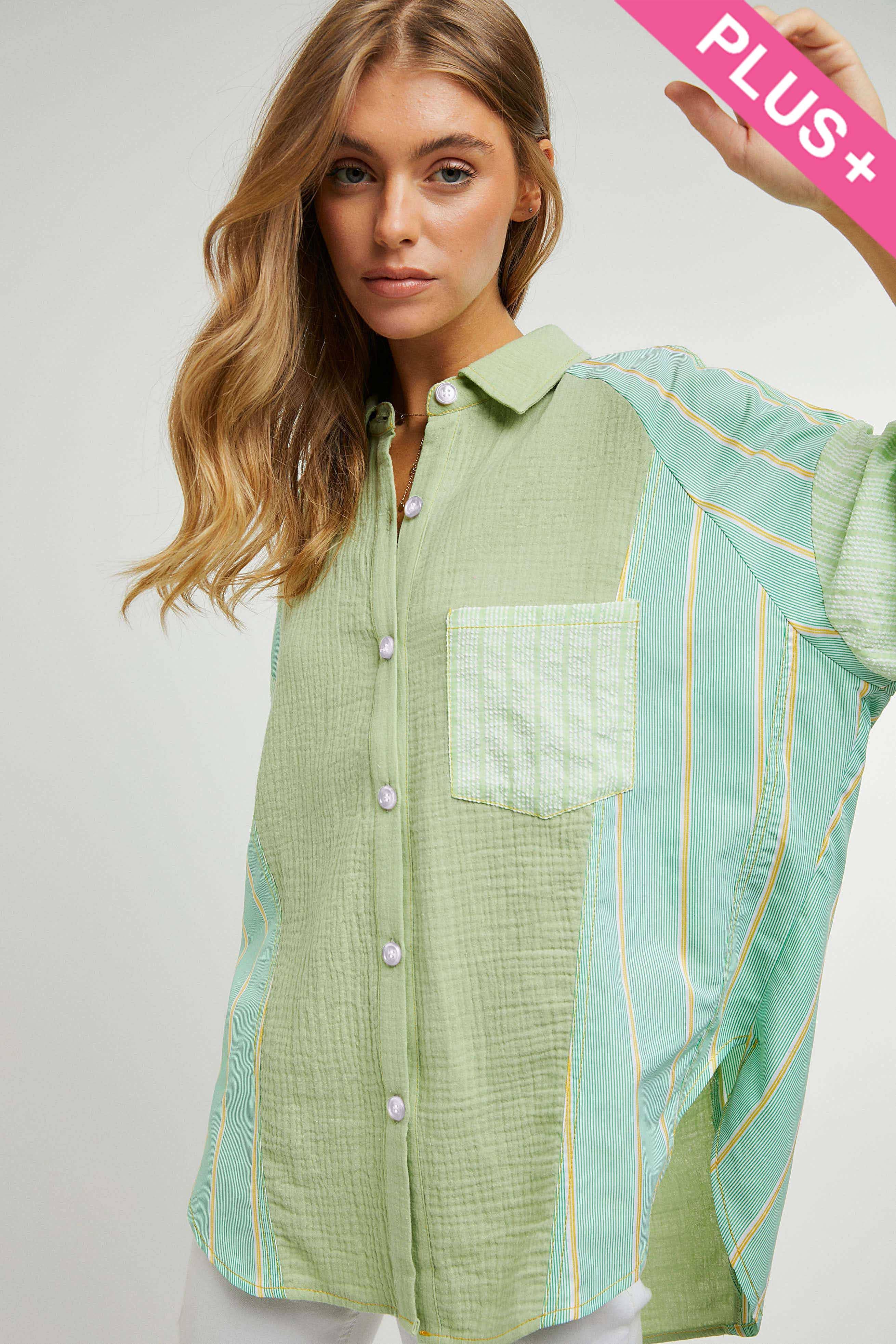 PLAID STRIPE MIXED MATCH BUTTON FRONT SHIRT
