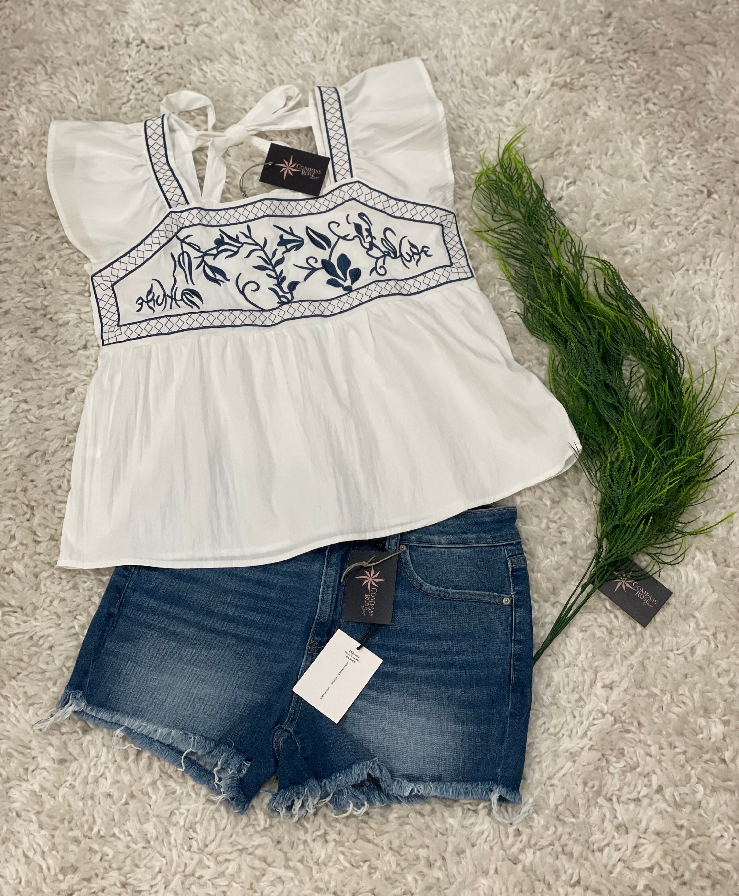 Embroidered Tie-Back Blouse