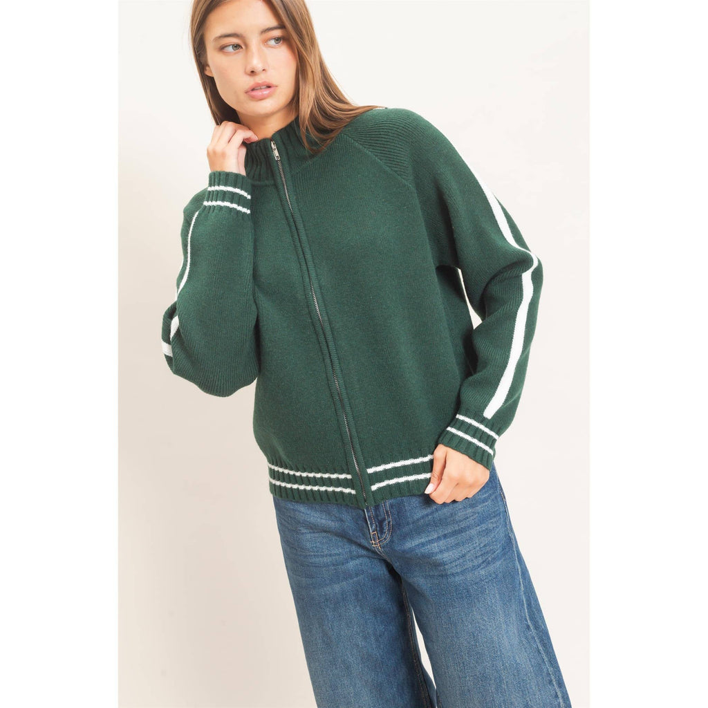Contrast Stripe Zip-Up Sweater