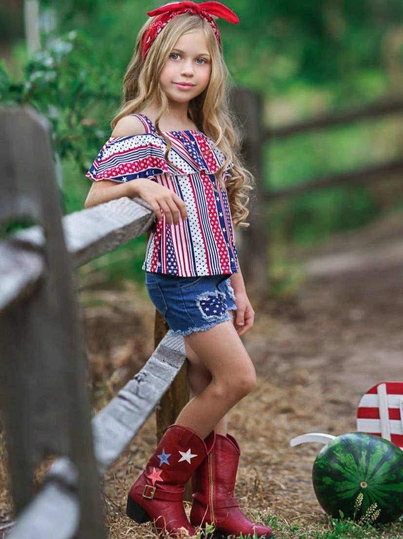 Stars And Stripes Patched Denim Shorts Set