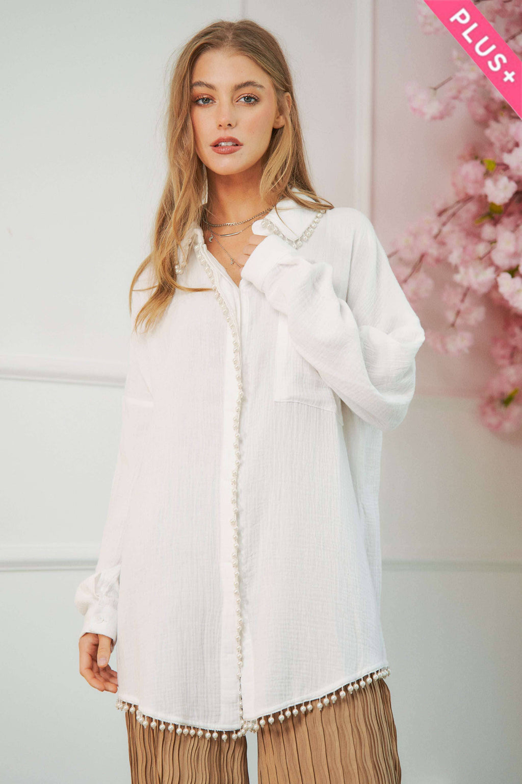 PEARL EMBELLISHMENT BUTTON FRONT SHIRT