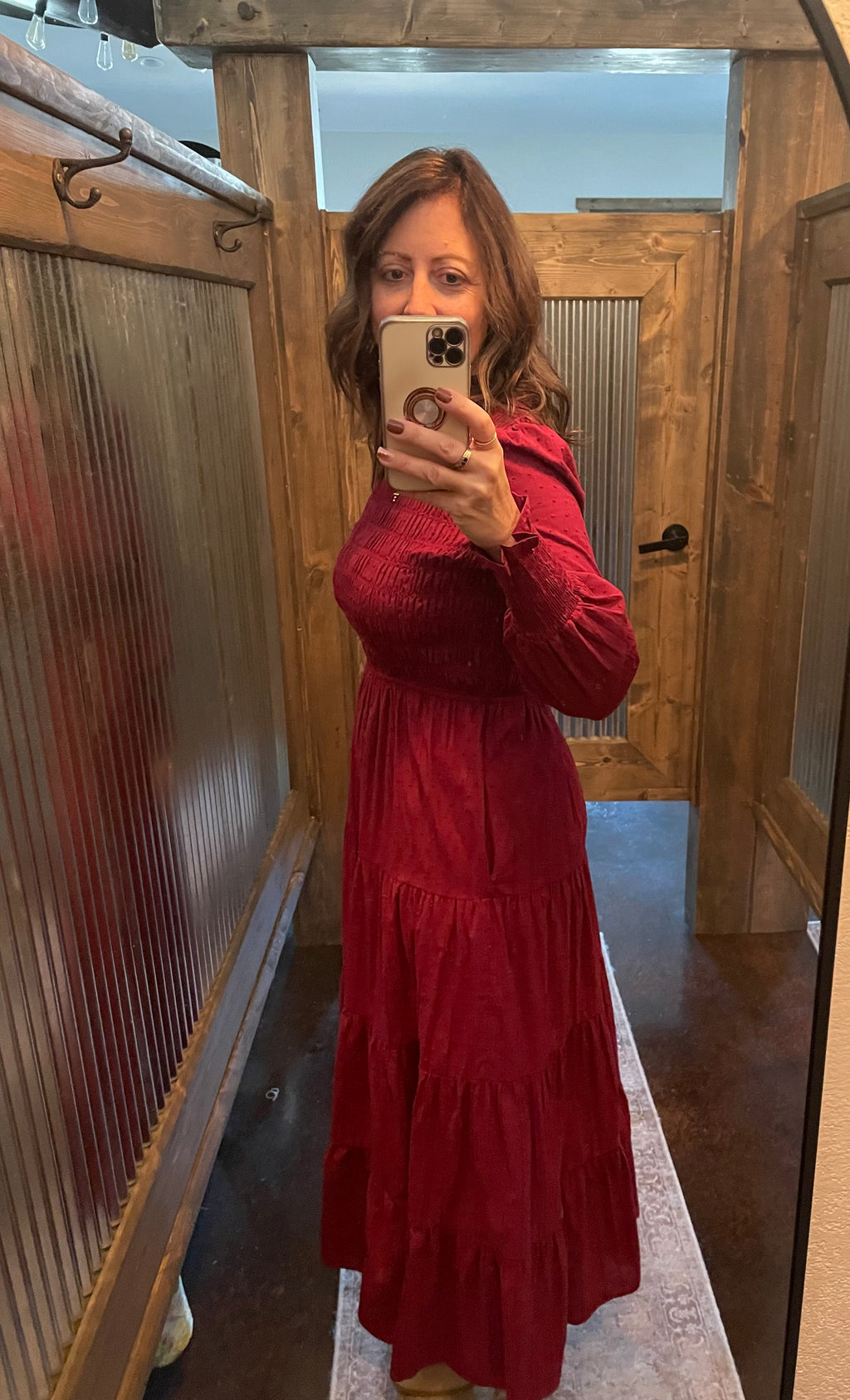 SMOCKED SWISS DOT MAXI DRESS