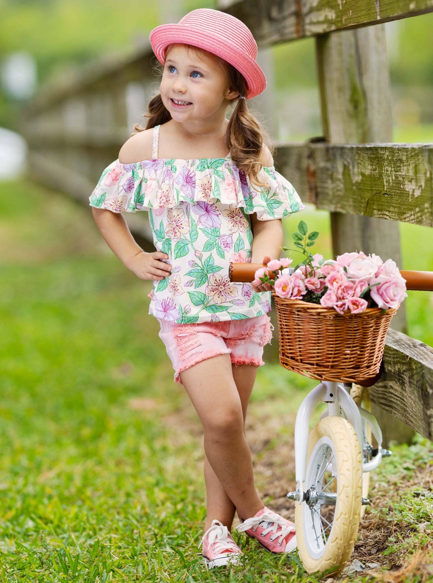 Floral Print Top w/ Ombre Denim Short Set