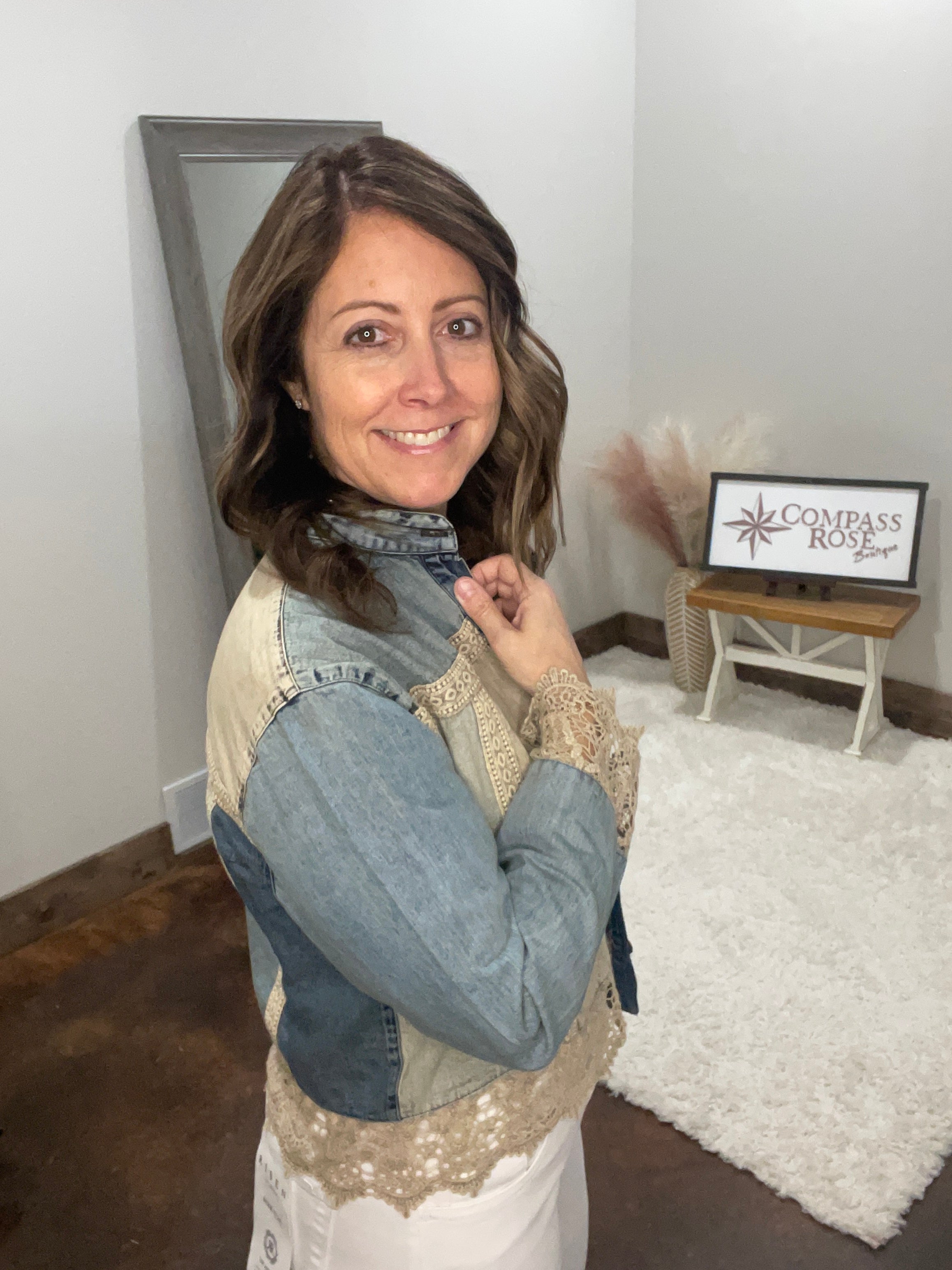 Boho Western Lace Trim Denim Top