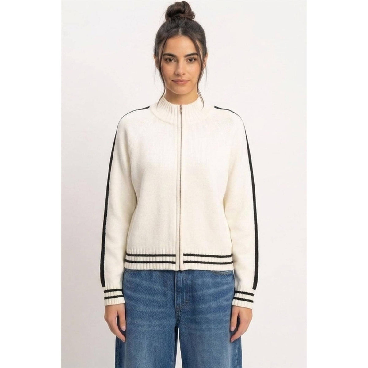 Contrast Stripe Zip-Up Sweater