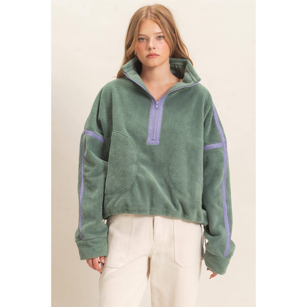 Contrast Trim Half-Zip Fleece Pullover