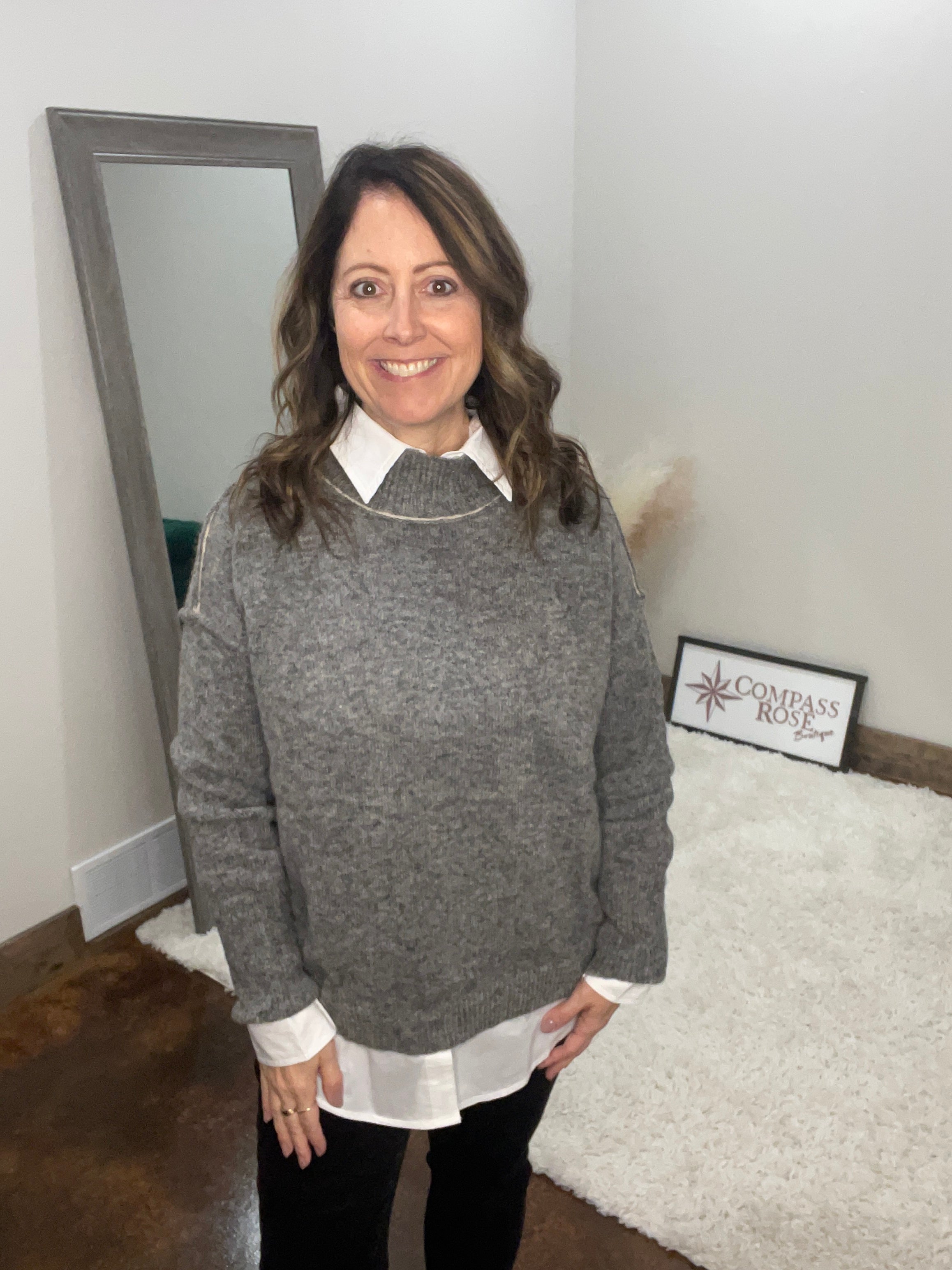 Loose Fit Mock Neck Exposed Seaming Detailed Sweater