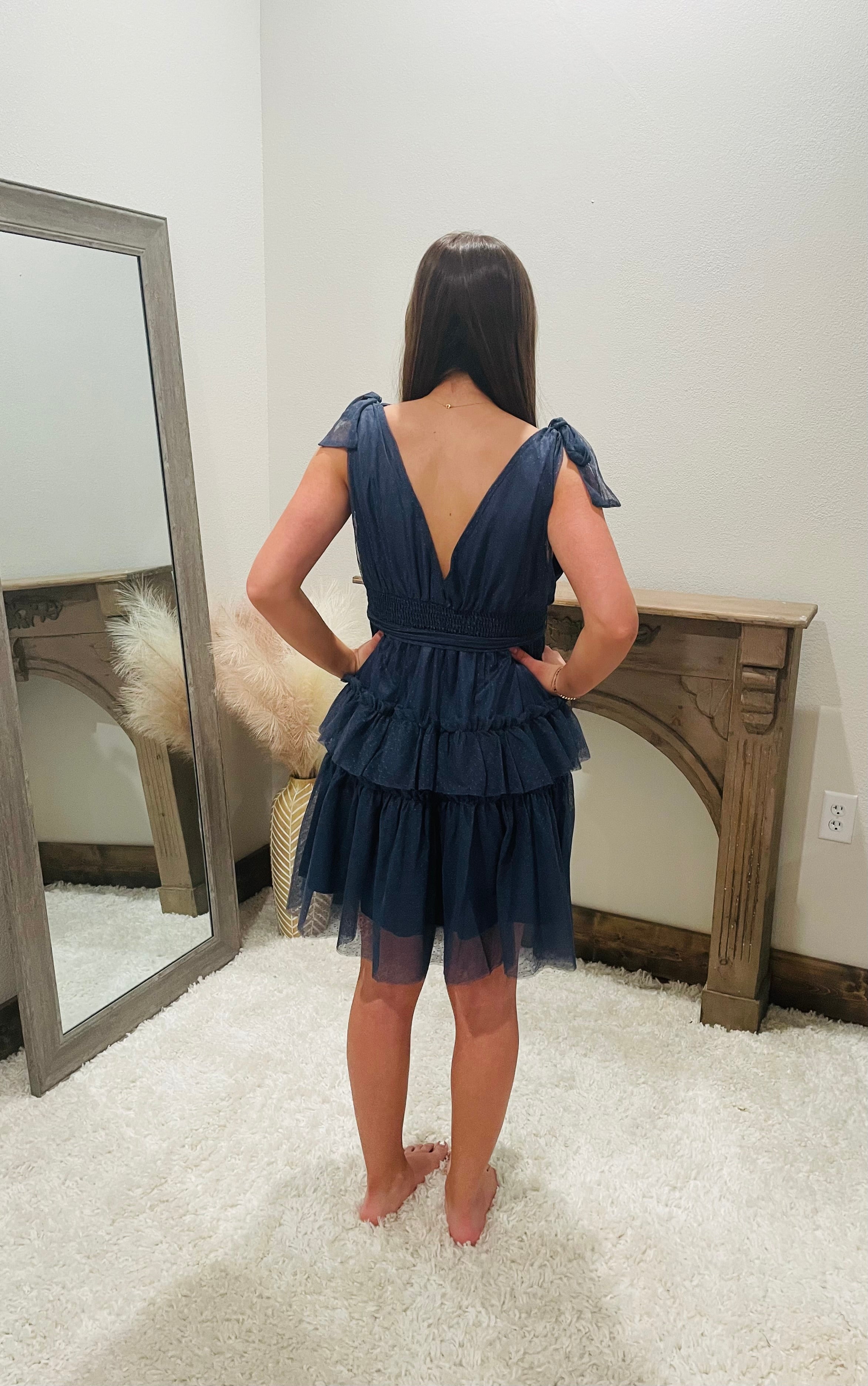 TIE SHOULDER POLKA DOT MESH DRESS