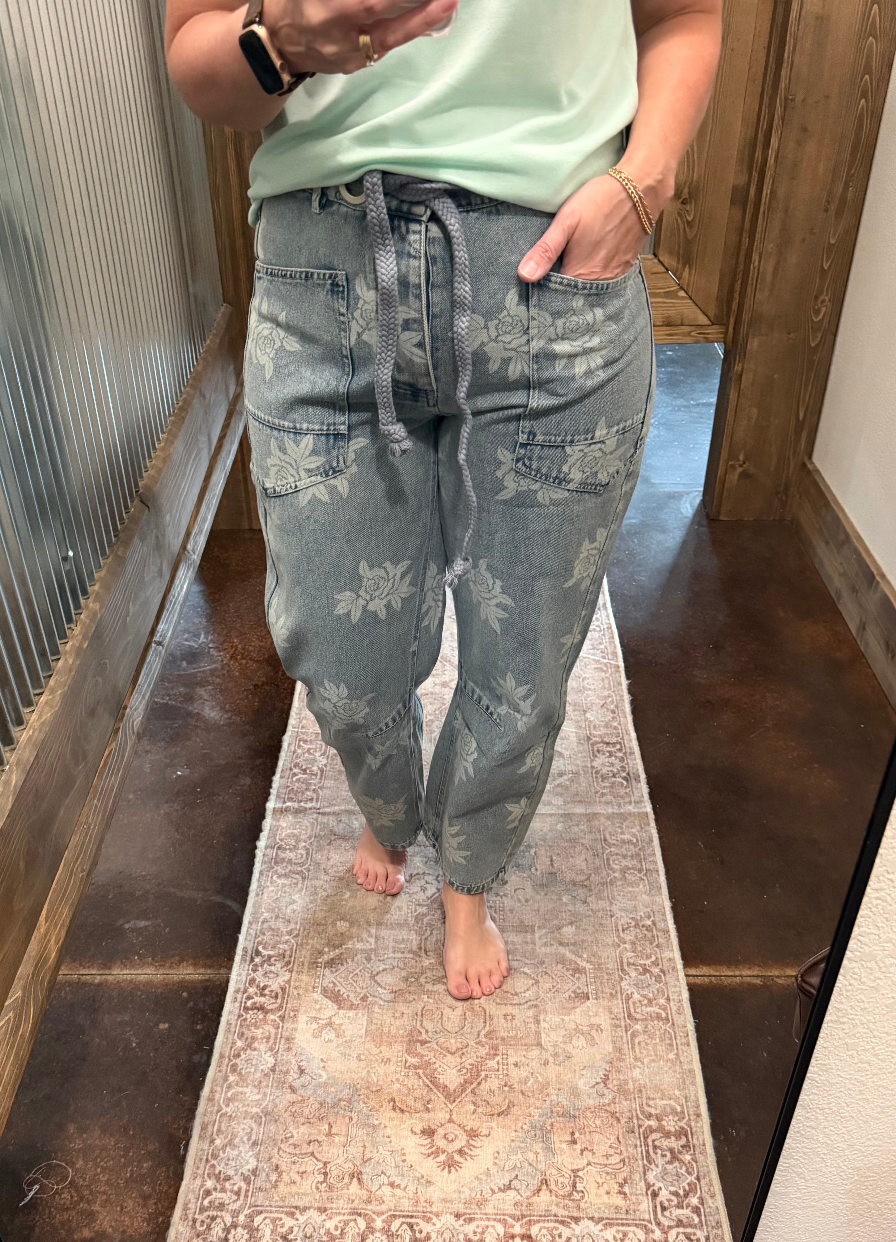 Rose Printed Washed Denim Pants