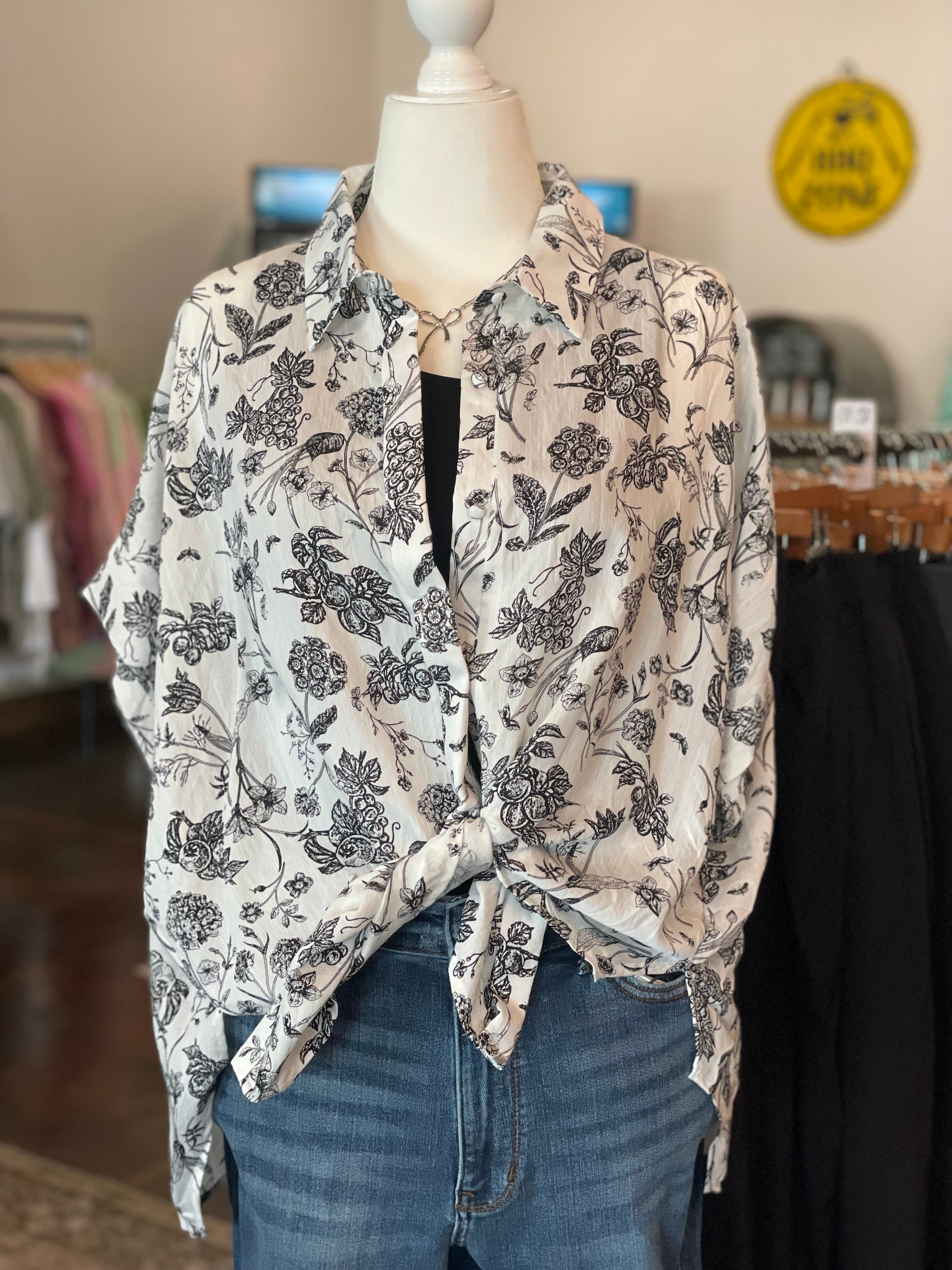 Two Tone Floral Print Button Down Top