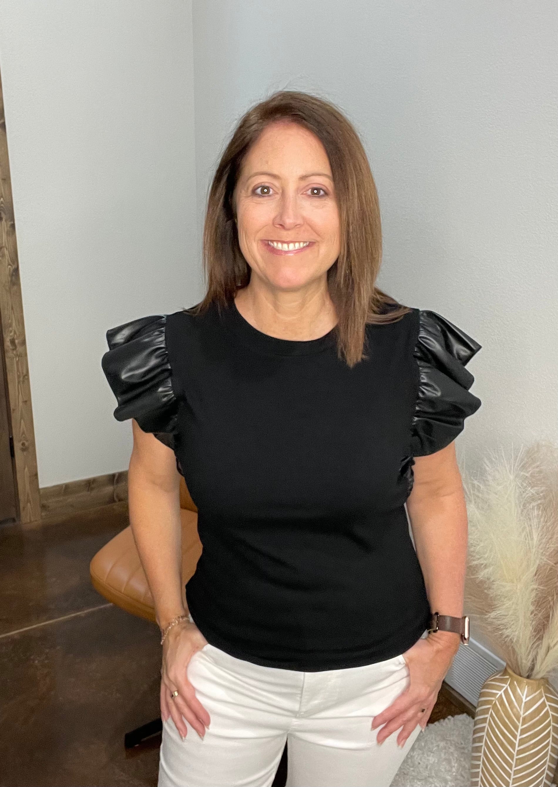 Rylee Leather Ruffle Shoulder Blouse