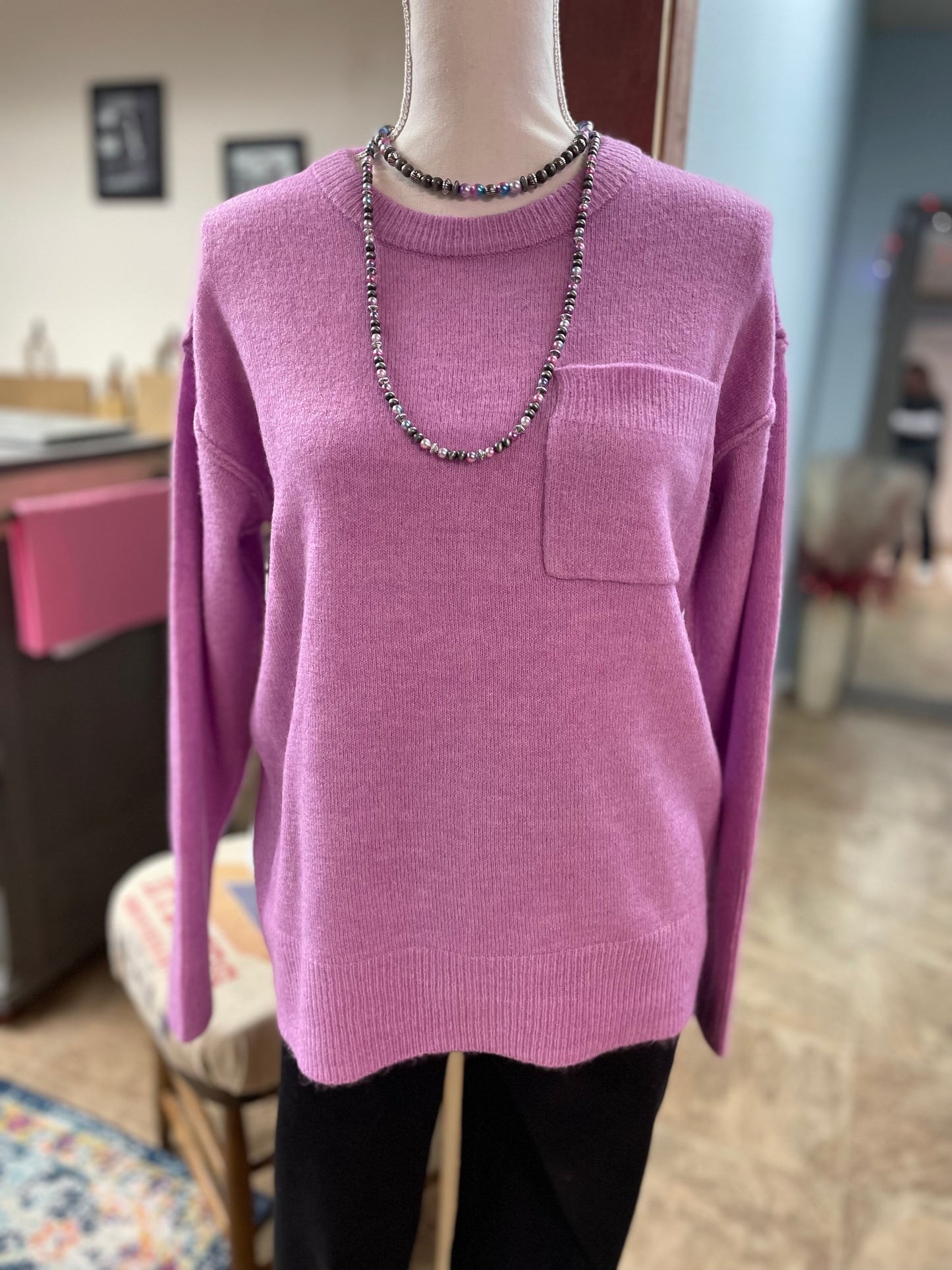 Hi-Low Hem Pocket Round Neck Sweater