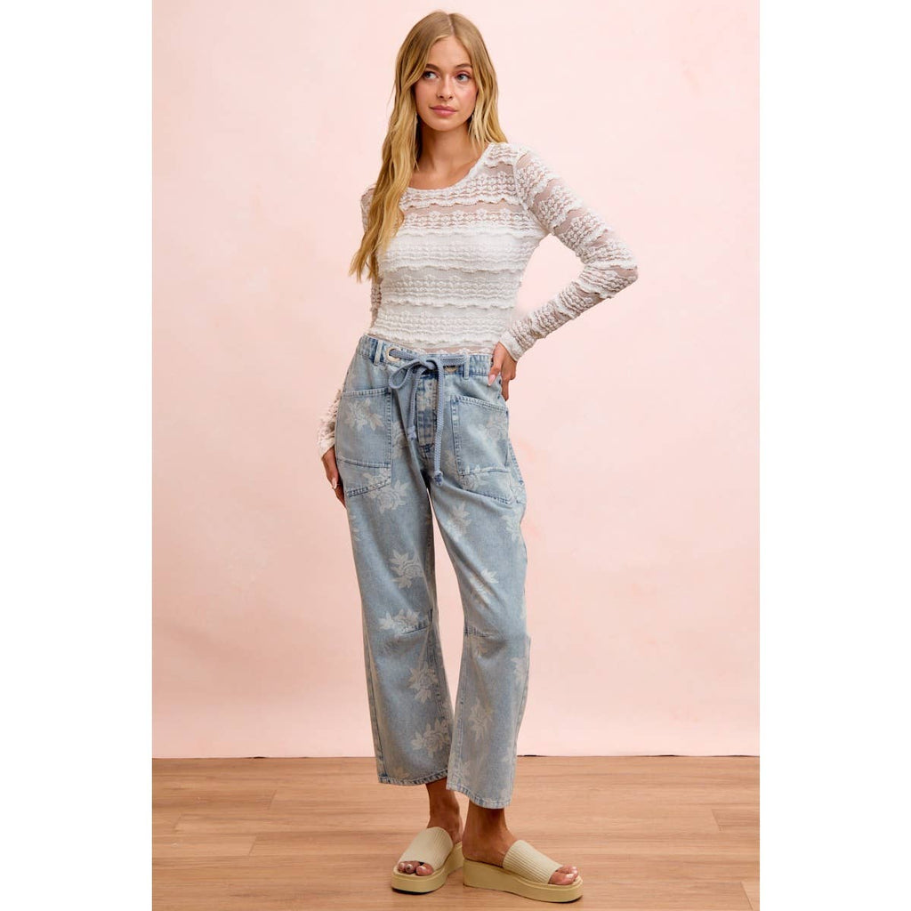 Rose Printed Washed Denim Pants
