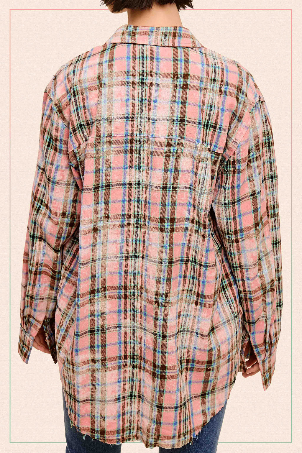ACID WASHED CUT EDGE BUTTON DOWN PLAID SHIRT