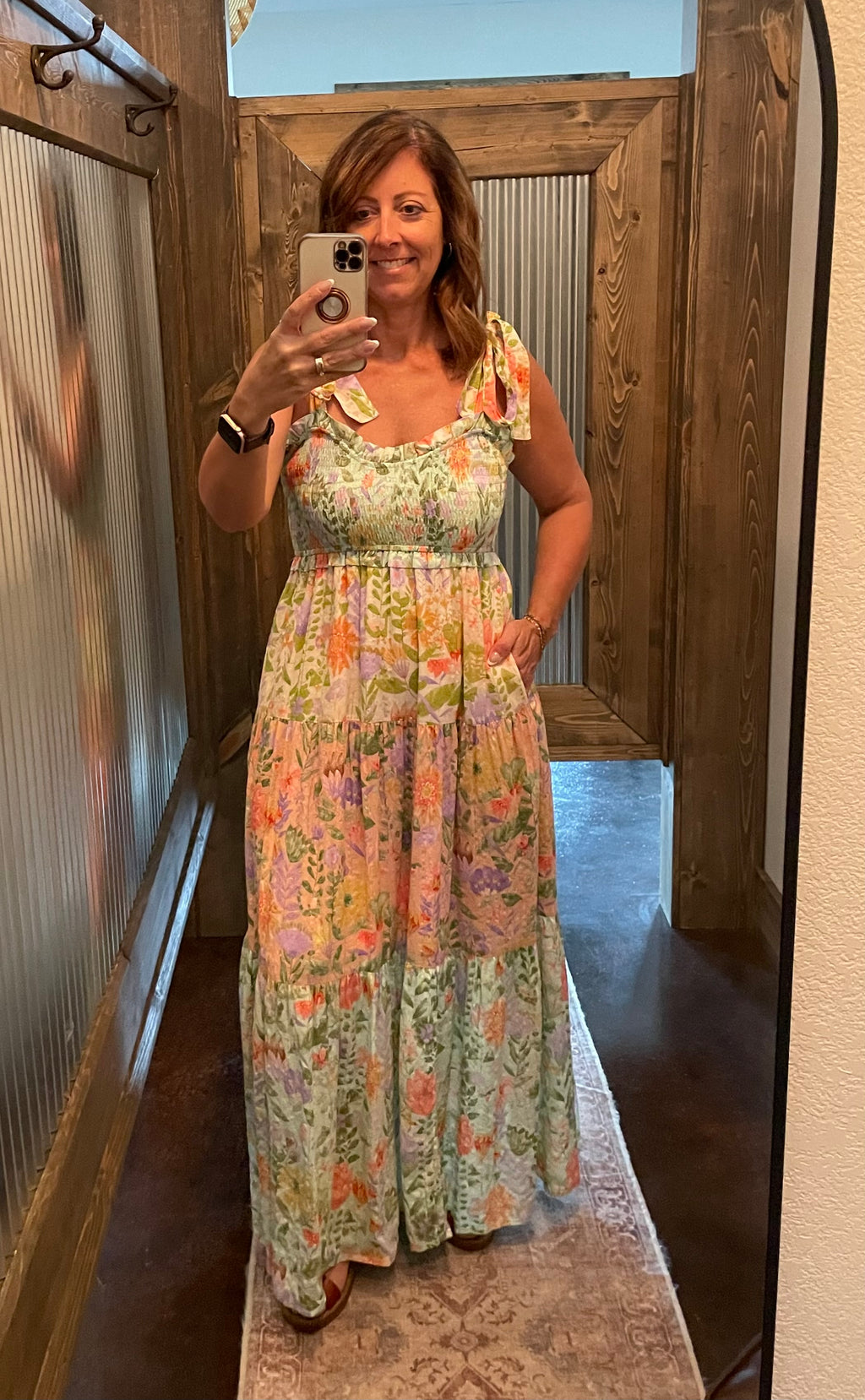 Smocked V-neck Tiered Multi Print Dress