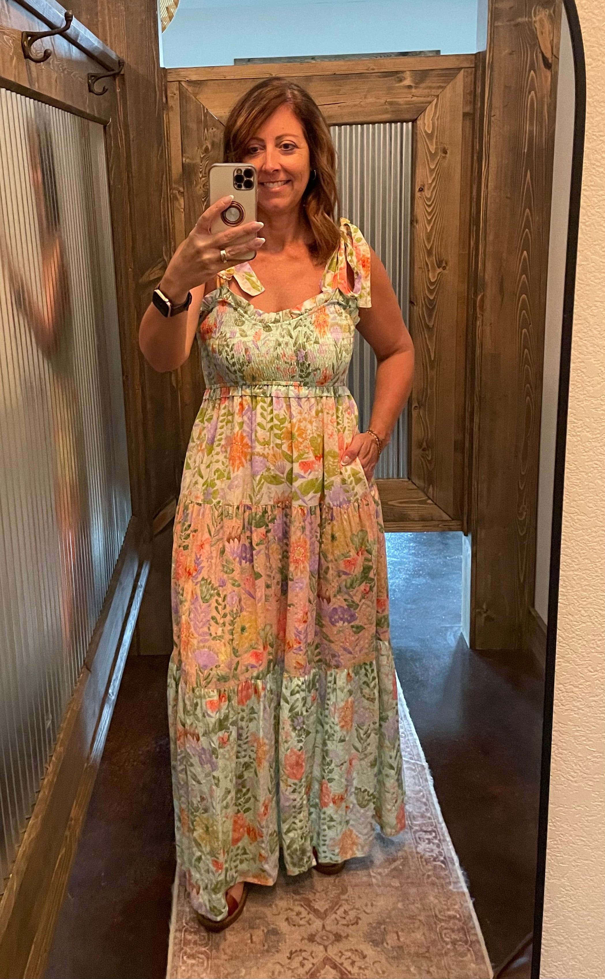 Smocked V-neck Tiered Multi Print Dress