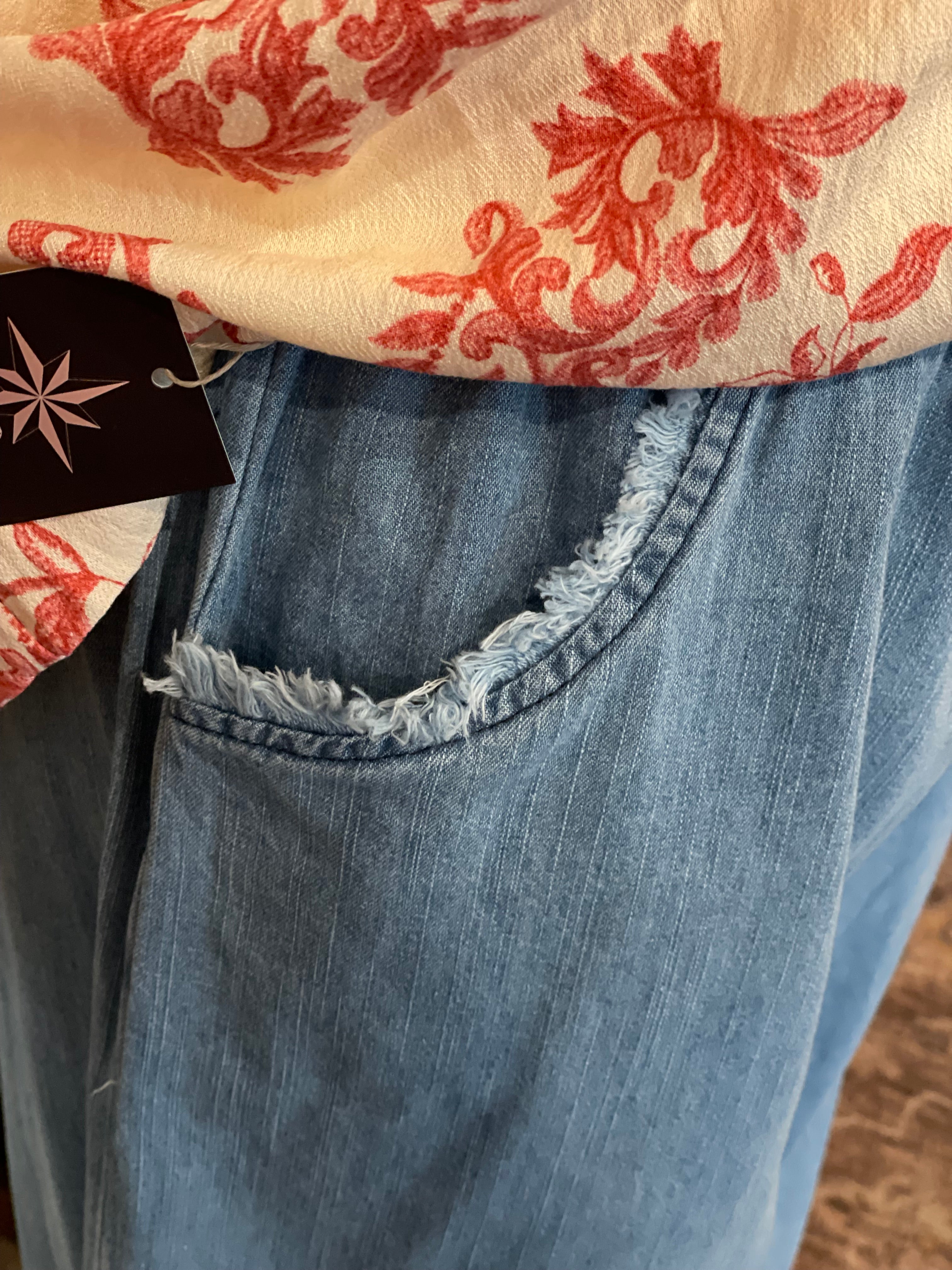 Washed Denim Pants with Fringe Hem