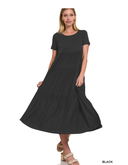 Zenana Black Short Sleeve Tiered Midi Dress