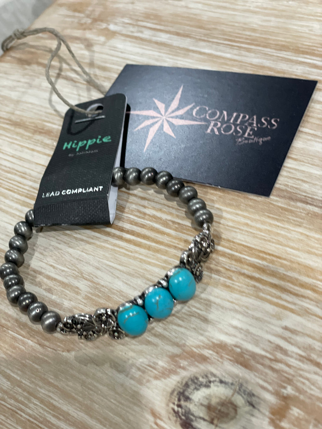 Silver Bead Triple Turquoise Stone Bracelet
