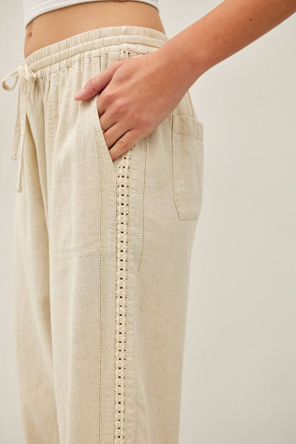 Lace Trim Tapered Linen Pants