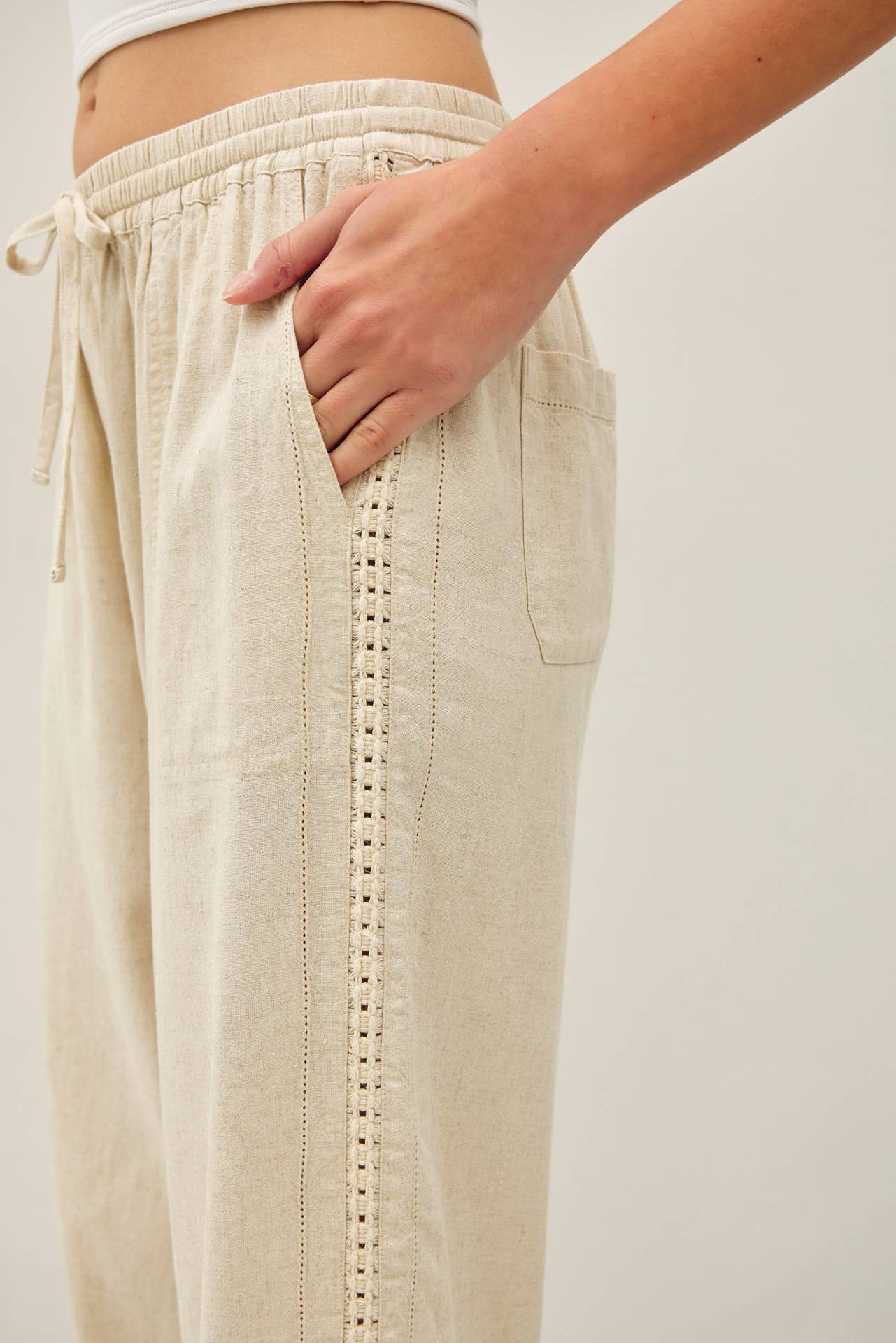 Lace Trim Tapered Linen Pants