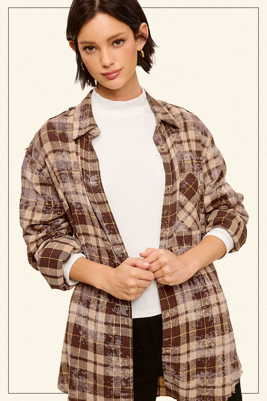 ACID WASHED CUT EDGE BUTTON DOWN PLAID SHIRT