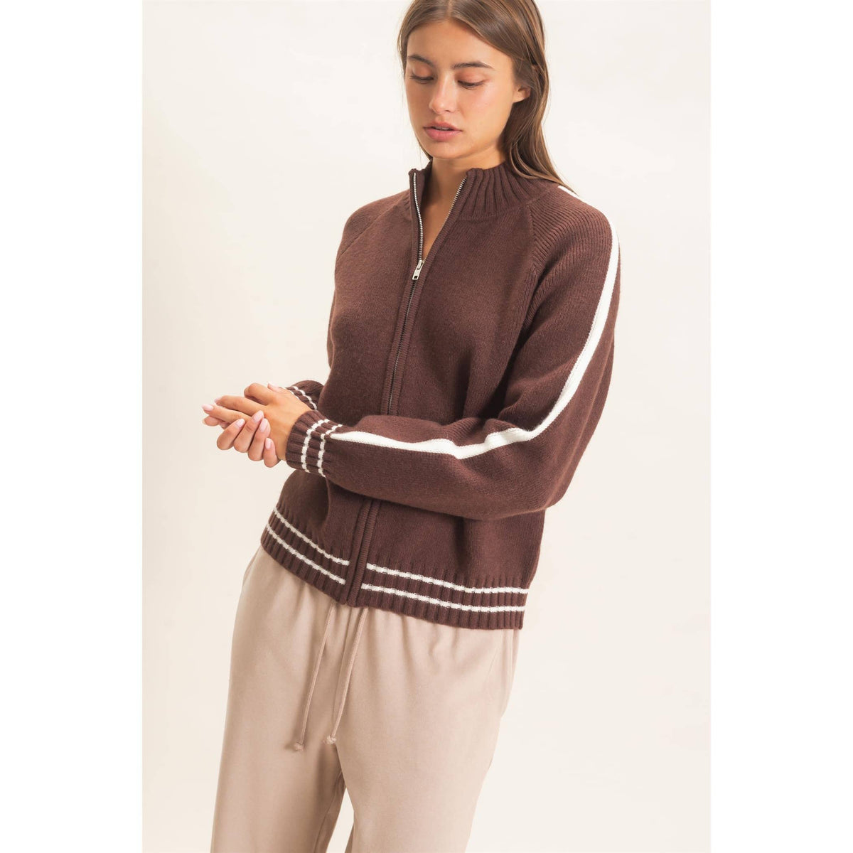 Contrast Stripe Zip-Up Sweater