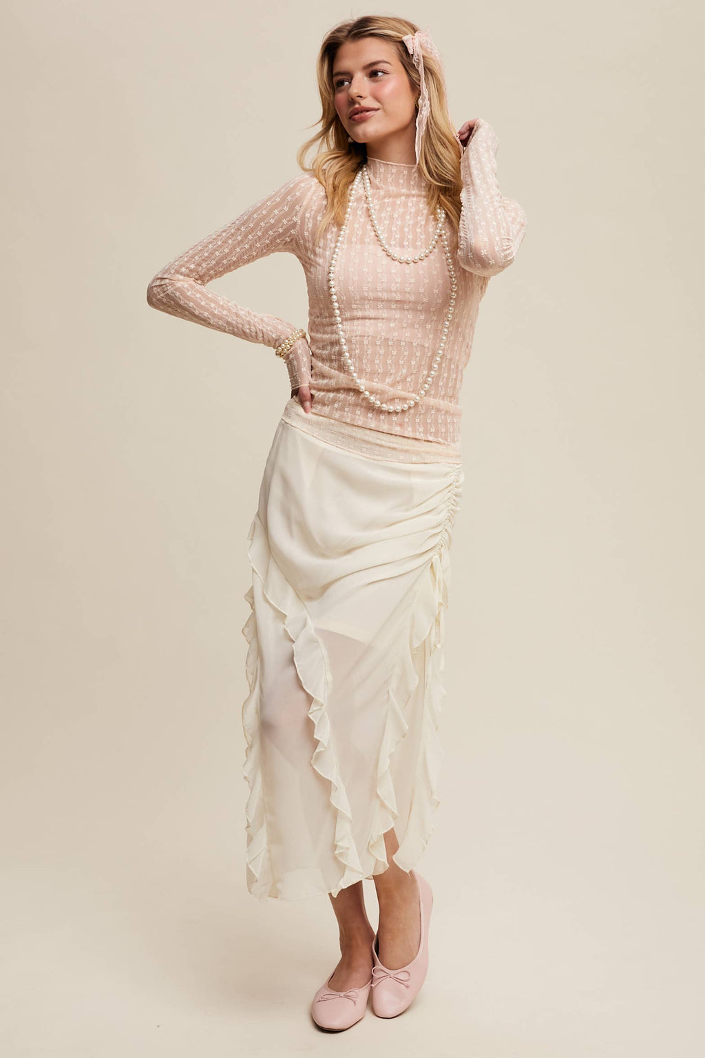 Semi Sheer Textured Lace Long-Sleeve Layering Top