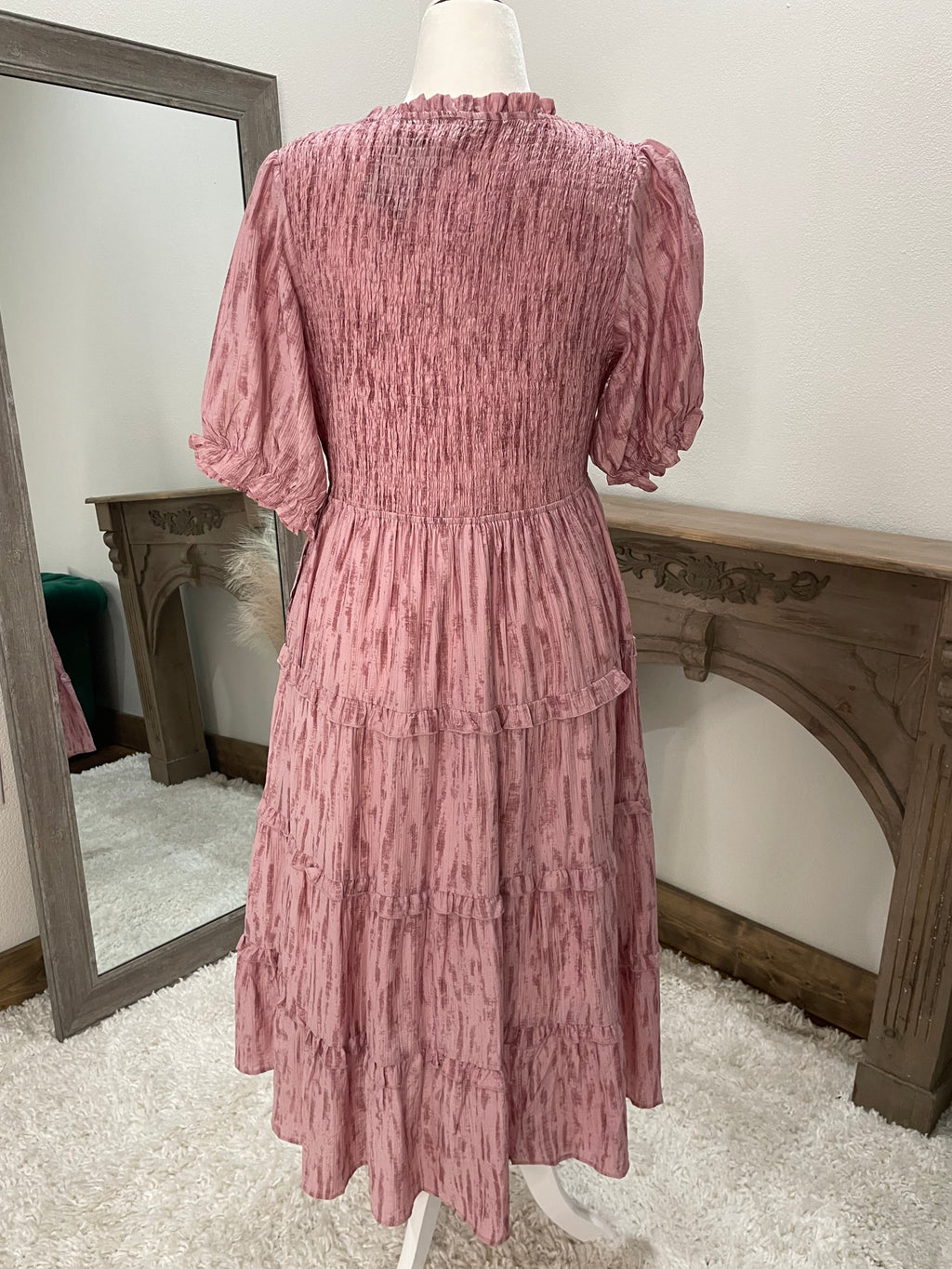 SMOCKED BODICE TIERED MIDI DRESS