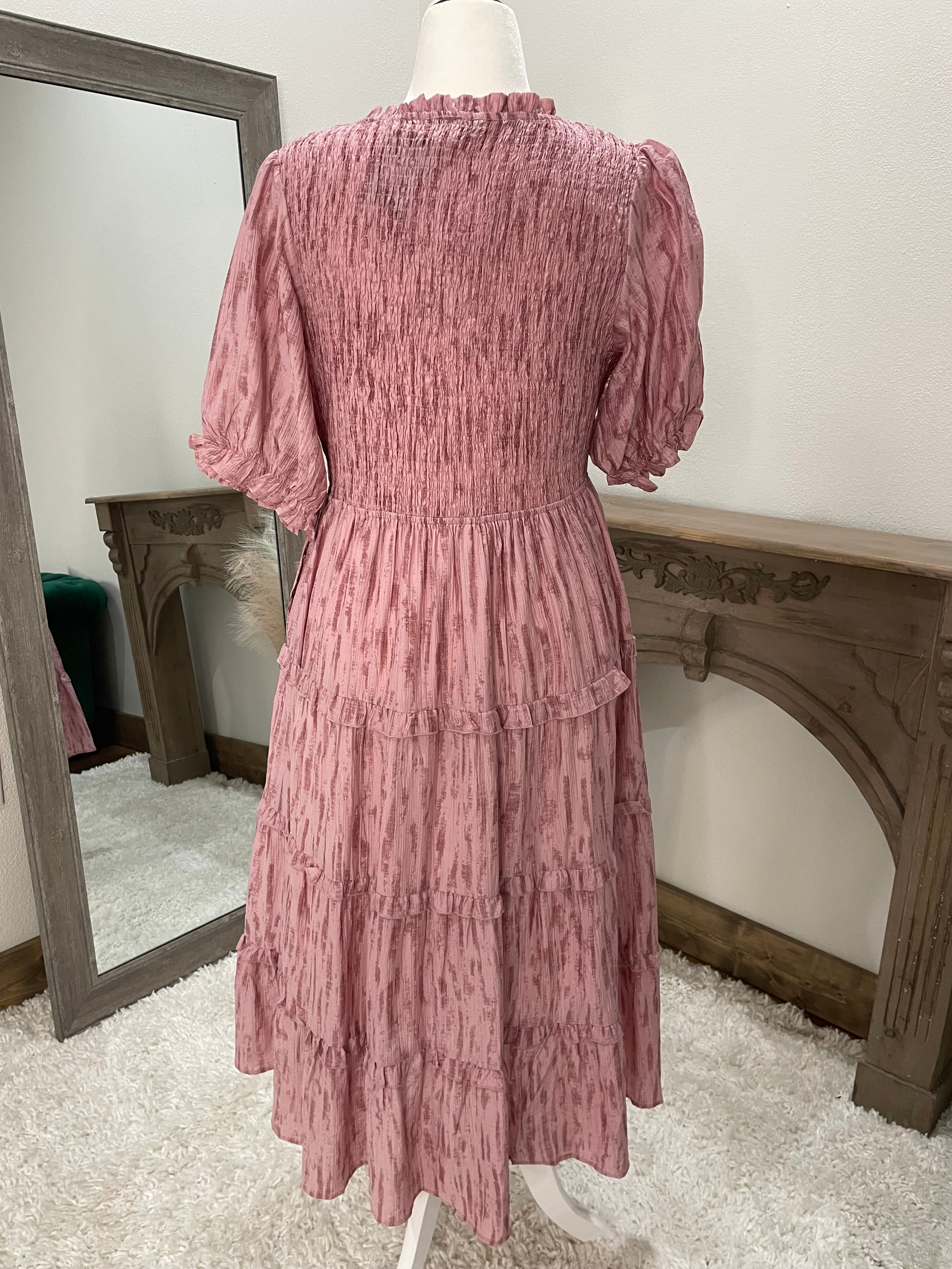 SMOCKED BODICE TIERED MIDI DRESS