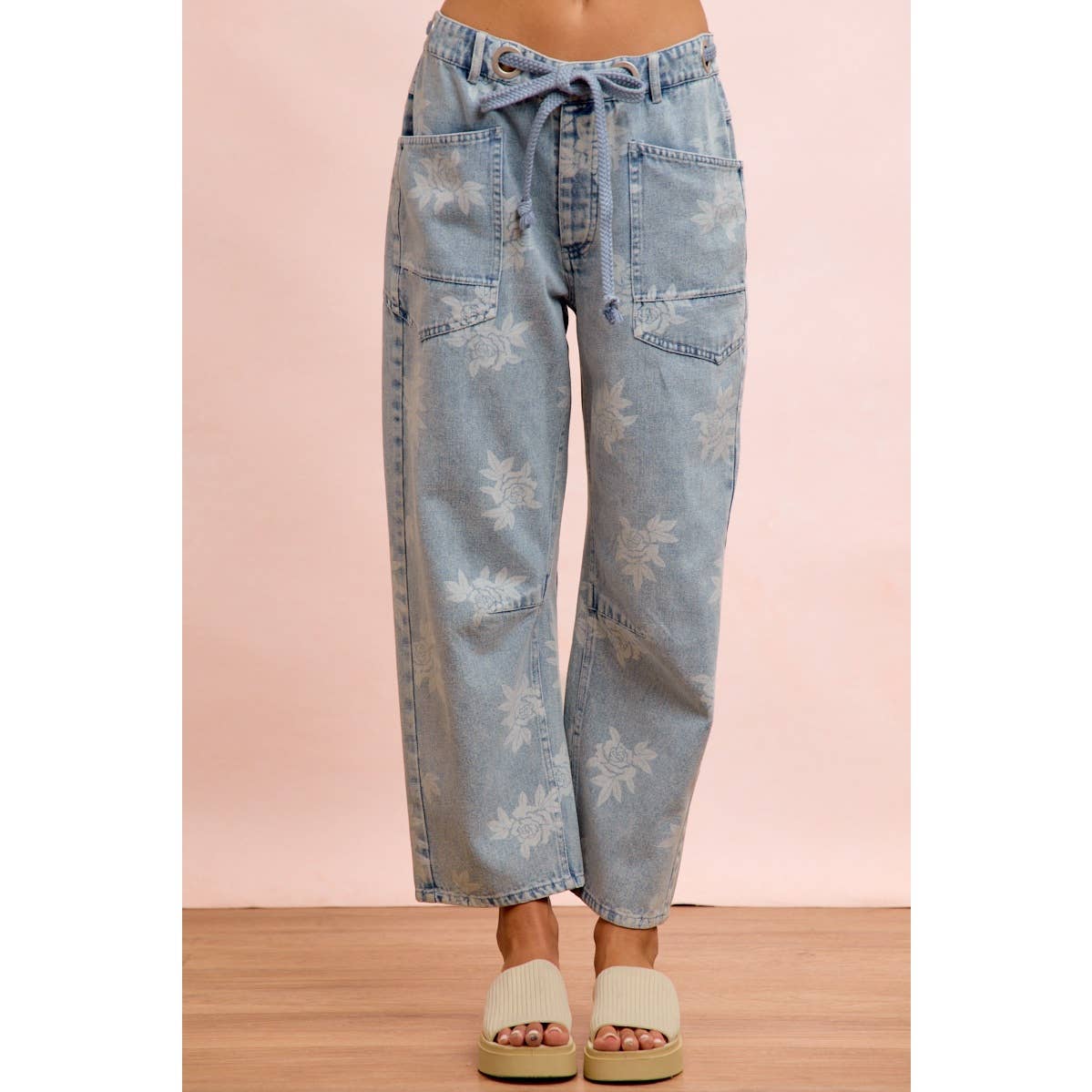 Rose Printed Washed Denim Pants