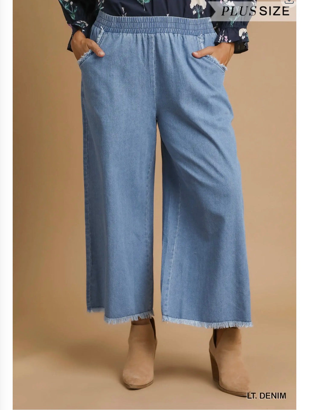 Washed Denim Pants with Fringe Hem