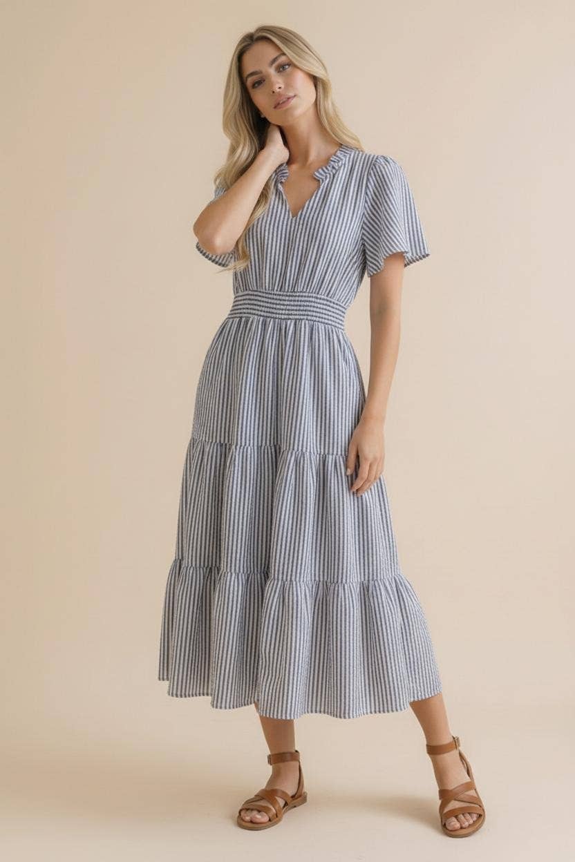 vertical striped maxi dress Taupe Stripe | Short Sleeve Relaxed Maxi A taupe vertical stripe maxi dress with short sleeves and a relaxed fit Vertical Stripe Maxi Dress- Black
