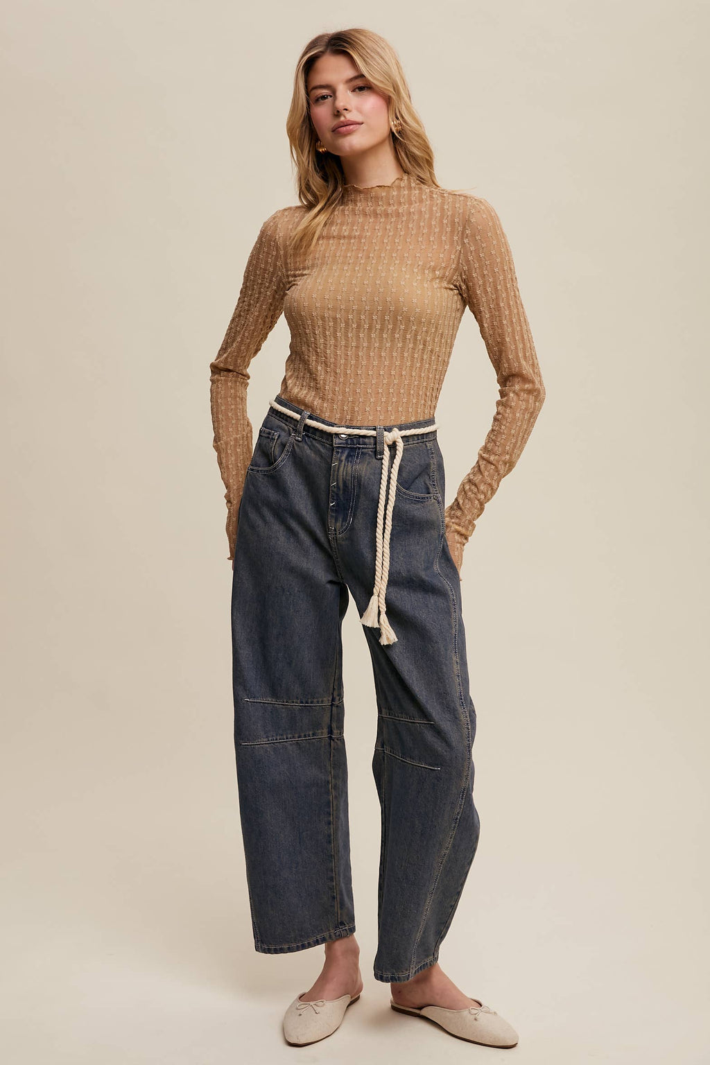 Semi Sheer Textured Lace Long-Sleeve Layering Top