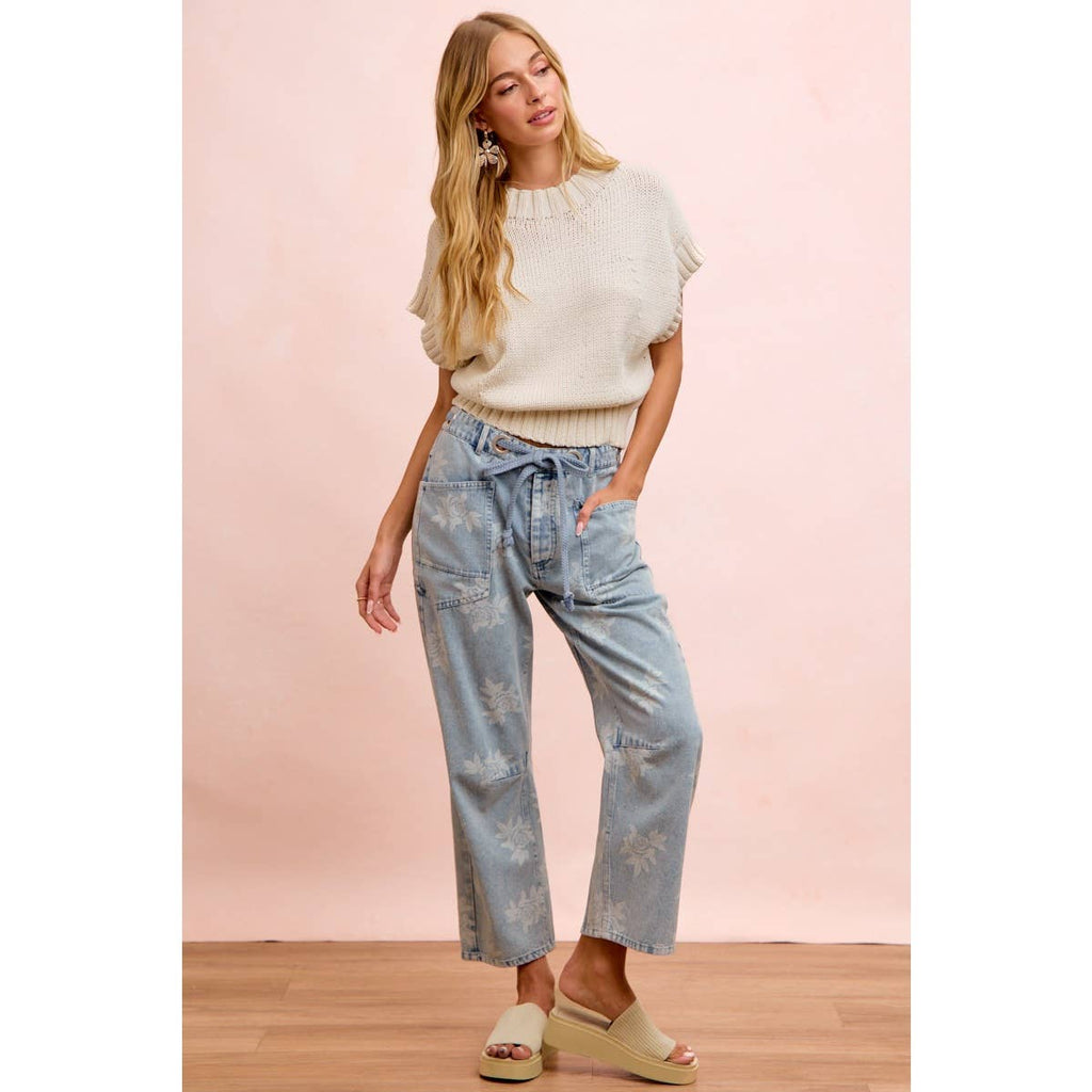 Rose Printed Washed Denim Pants