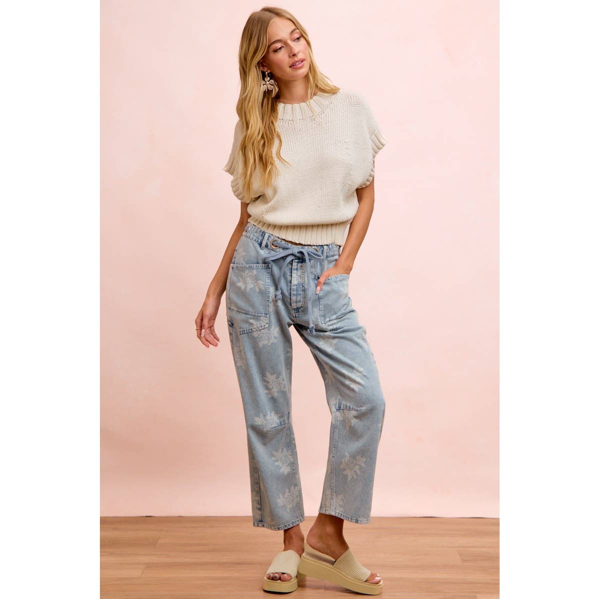 Rose Printed Washed Denim Pants