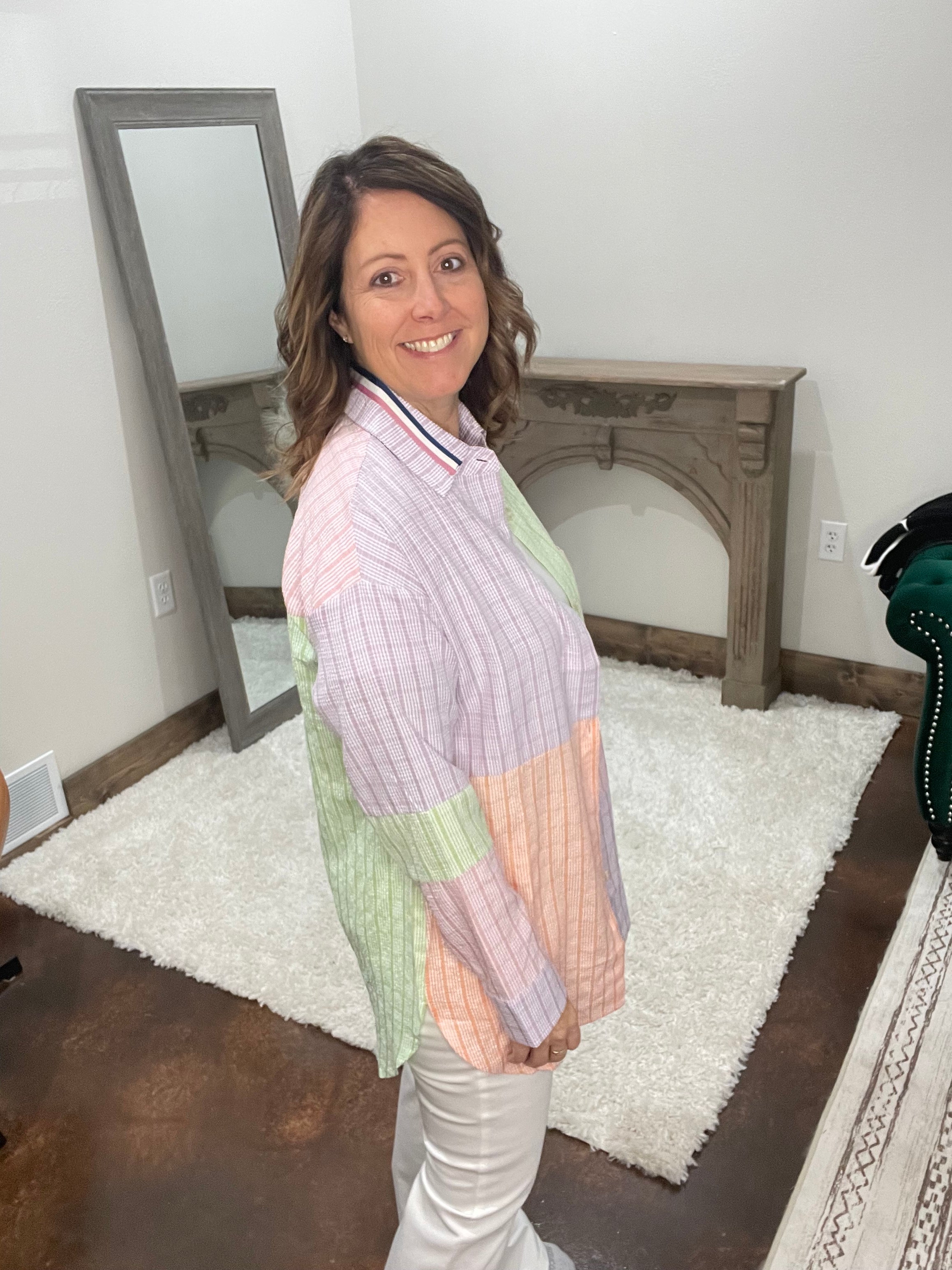 MULTI COLOR PLAID COLOR BLOCK BUTTON FRONT SHIRT