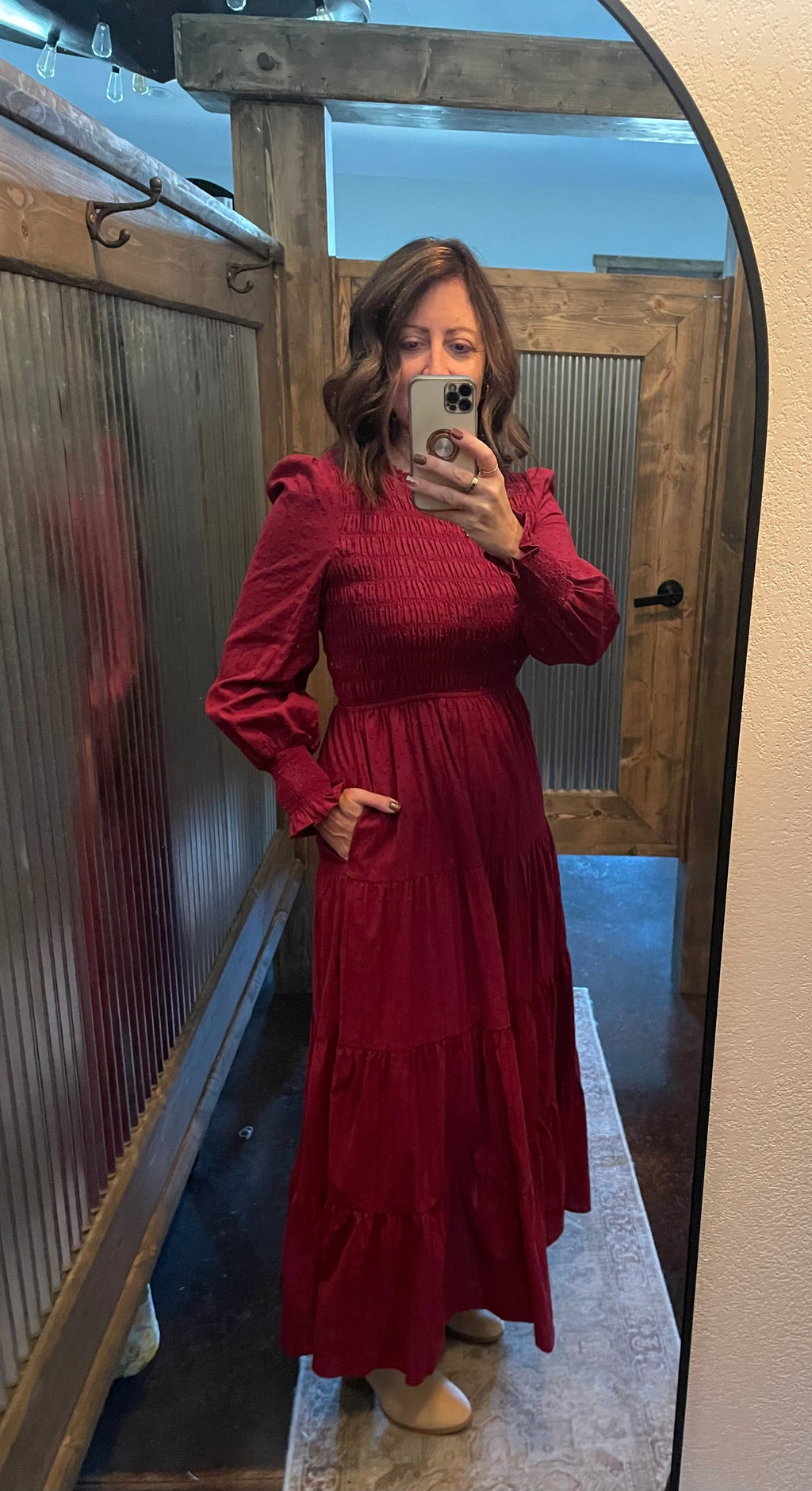 SMOCKED SWISS DOT MAXI DRESS