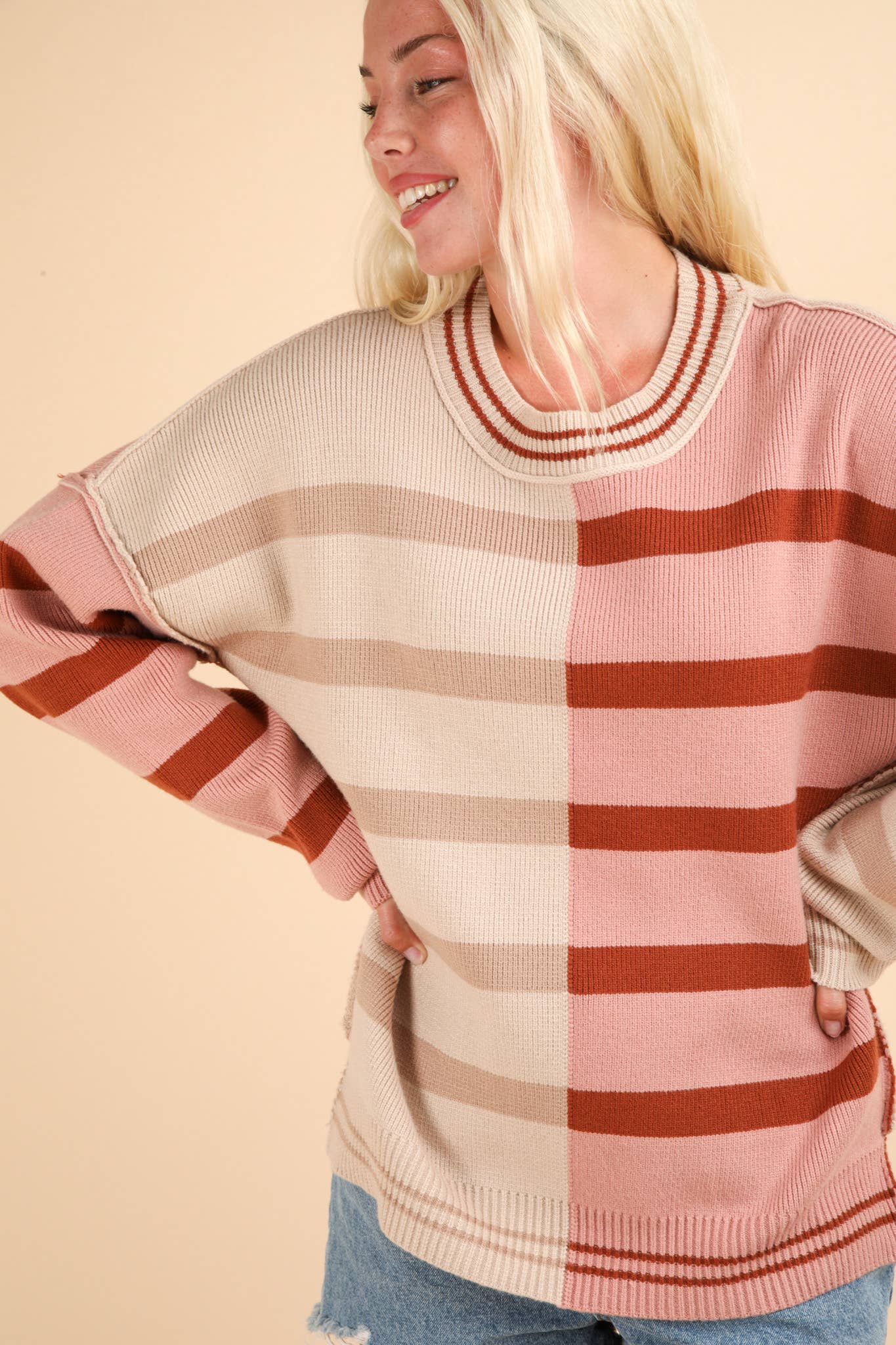 Color Block Oversized Striped Knit Sweater