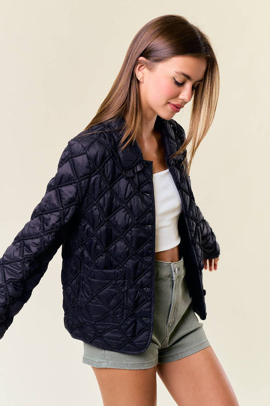 Over-Sized Collar Quilted Button-Down Jacket