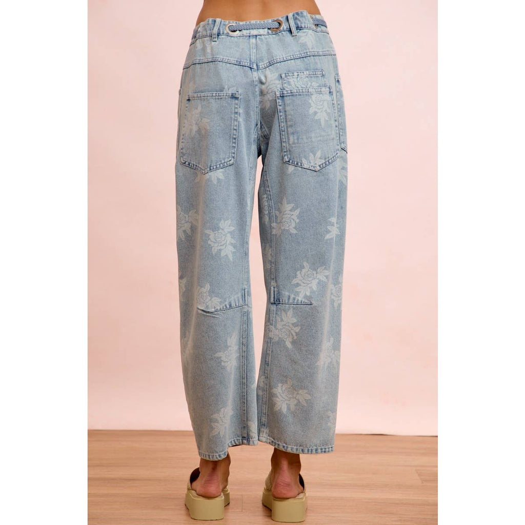 Rose Printed Washed Denim Pants