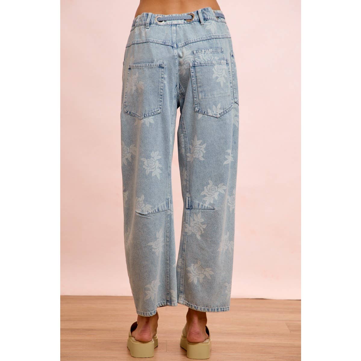 Rose Printed Washed Denim Pants