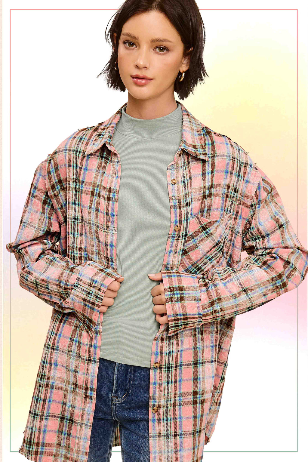 ACID WASHED CUT EDGE BUTTON DOWN PLAID SHIRT